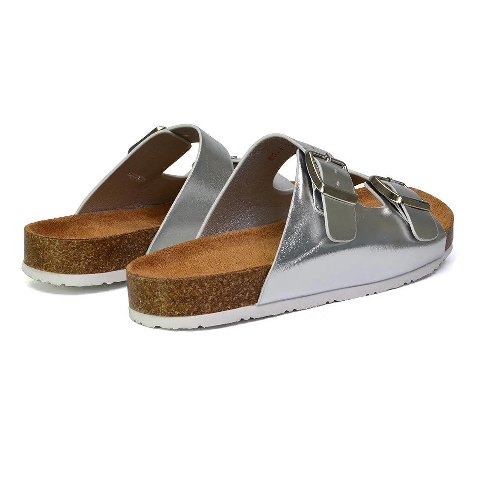 Star Double Buckle Strap Flat Slider Casual Footbed Summer Mule Sandals in Silver