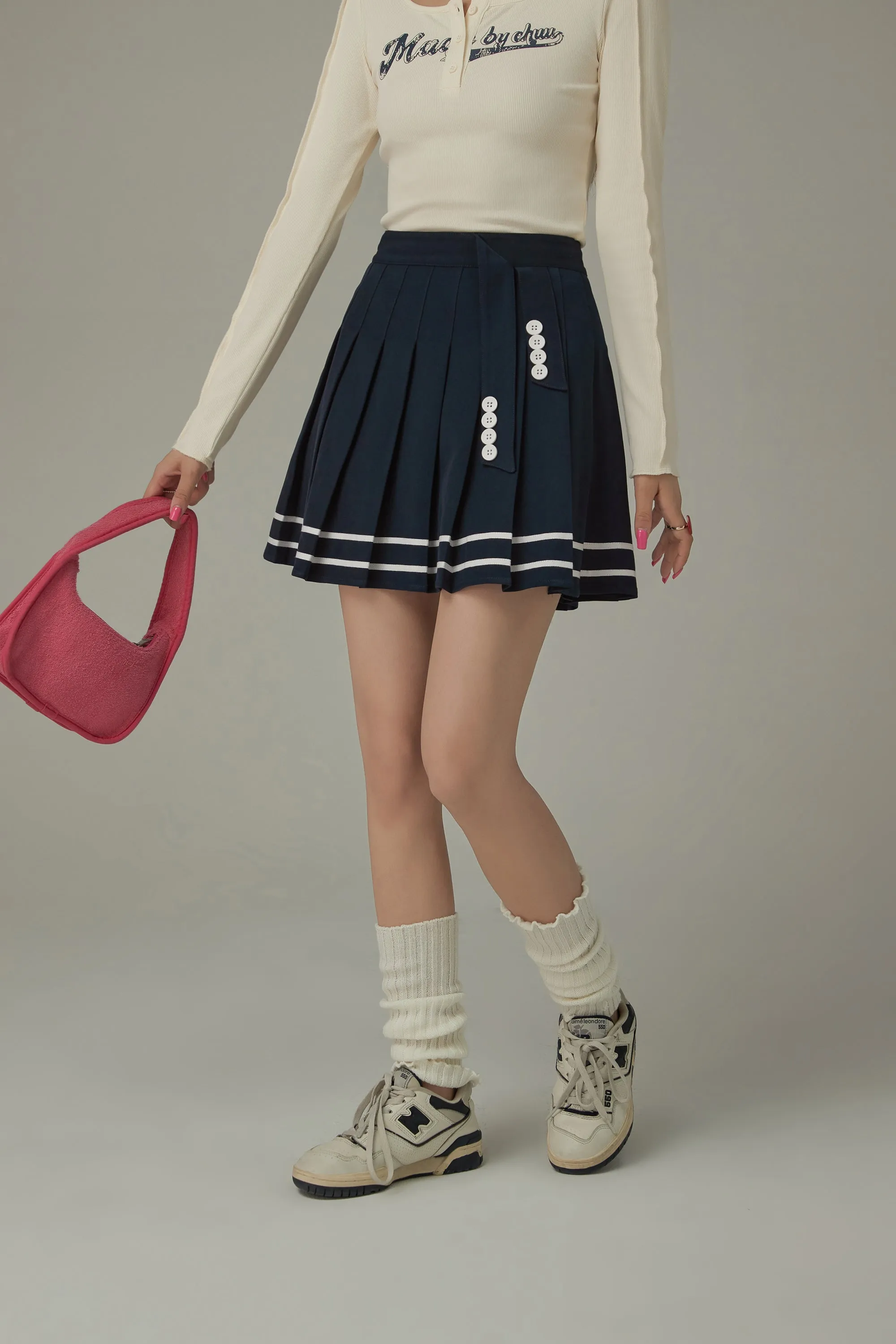 Stripe Button Pleated Sporty Mini Skirt