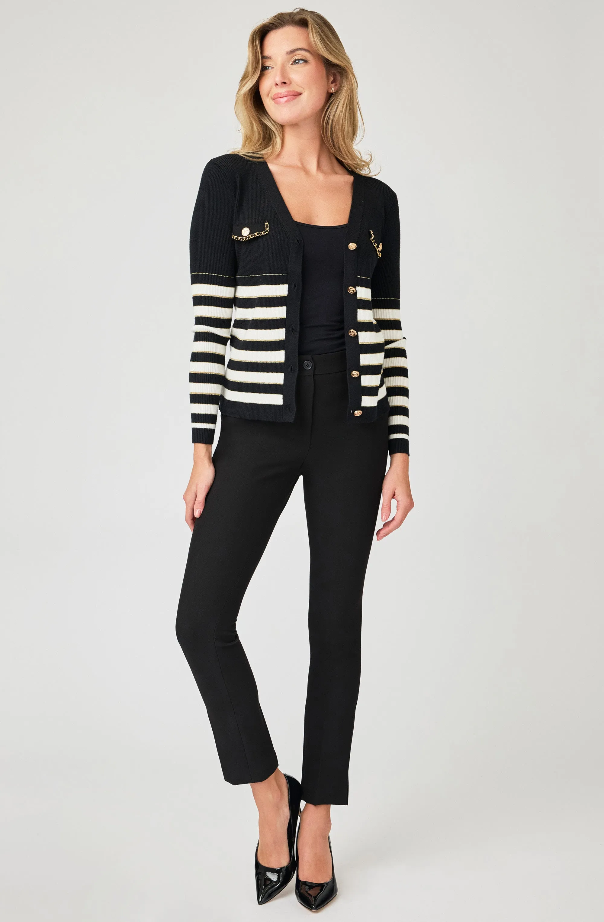 Striped Cardigan with Gold Chain Trim