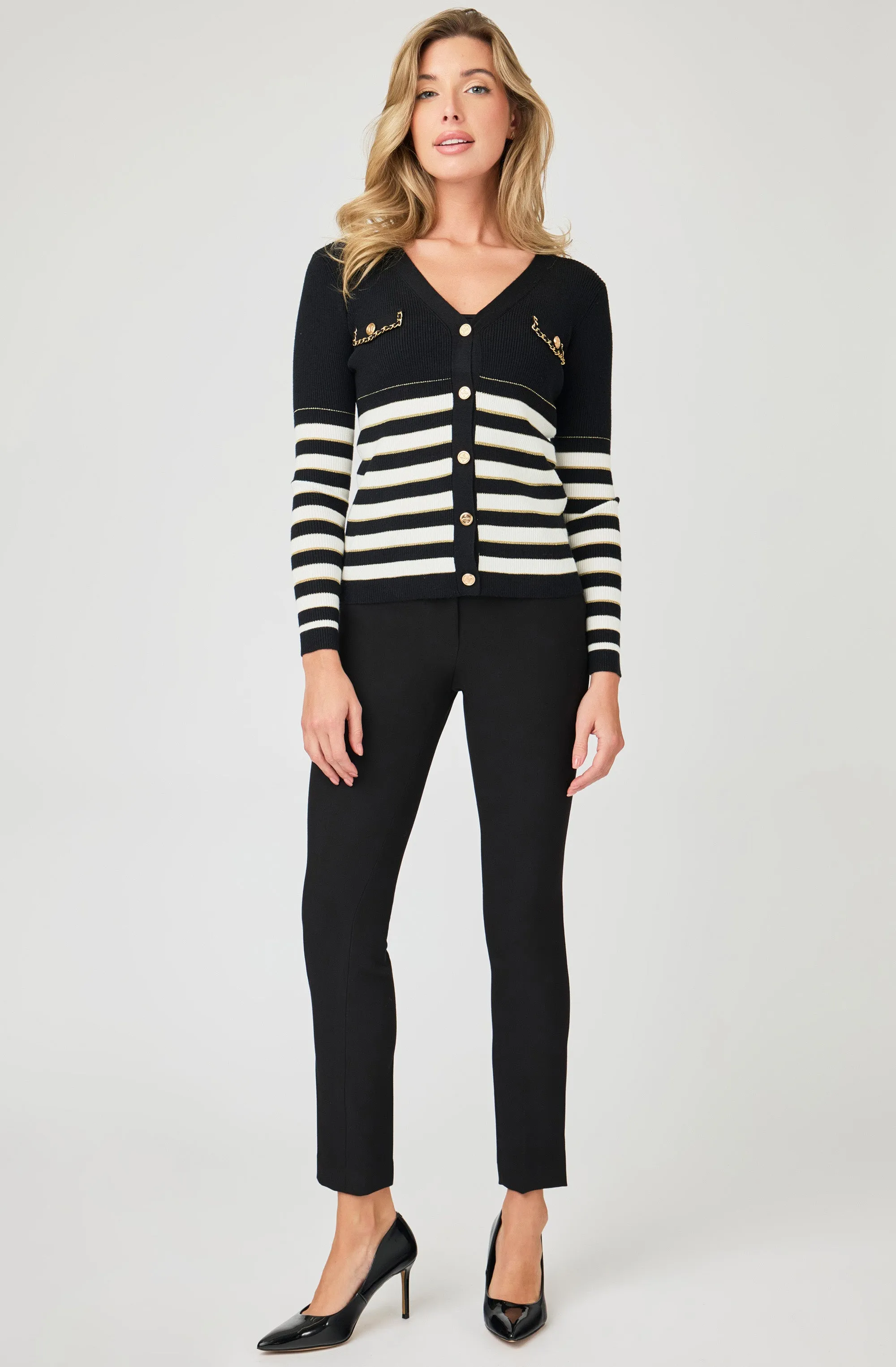 Striped Cardigan with Gold Chain Trim