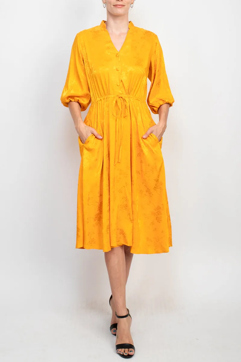 Studio One split neck balloon sleeve pullover button closure at front drawstring waist jacquard dress with pockets