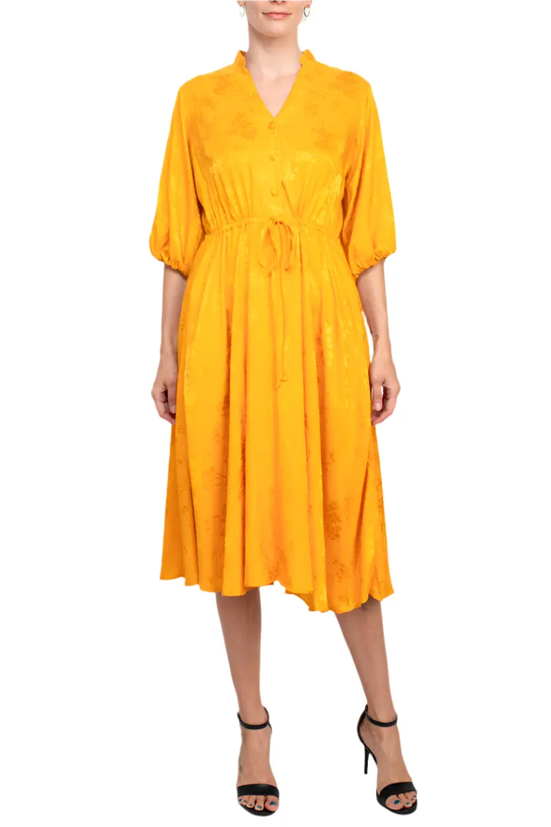 Studio One split neck balloon sleeve pullover button closure at front drawstring waist jacquard dress with pockets