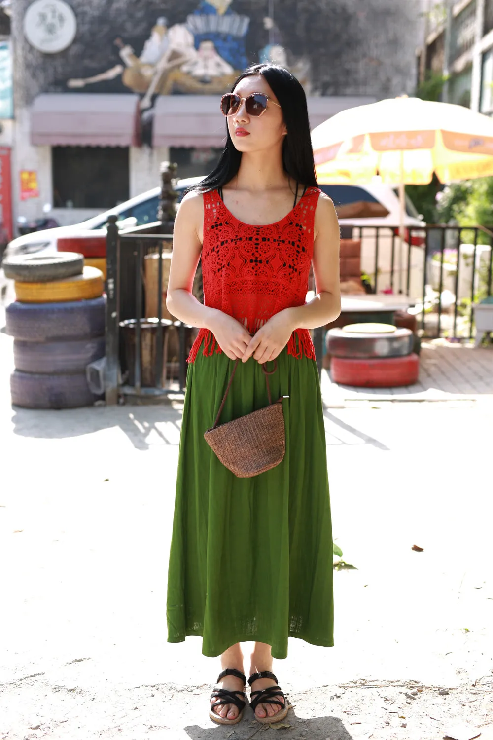 summer linen ankle length pleated skirt 2172