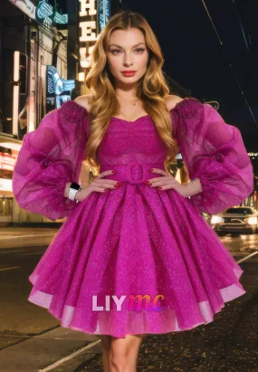 Sweetheart Long Sleeves Pleated Tulle A-Line Short Homecoming Dress