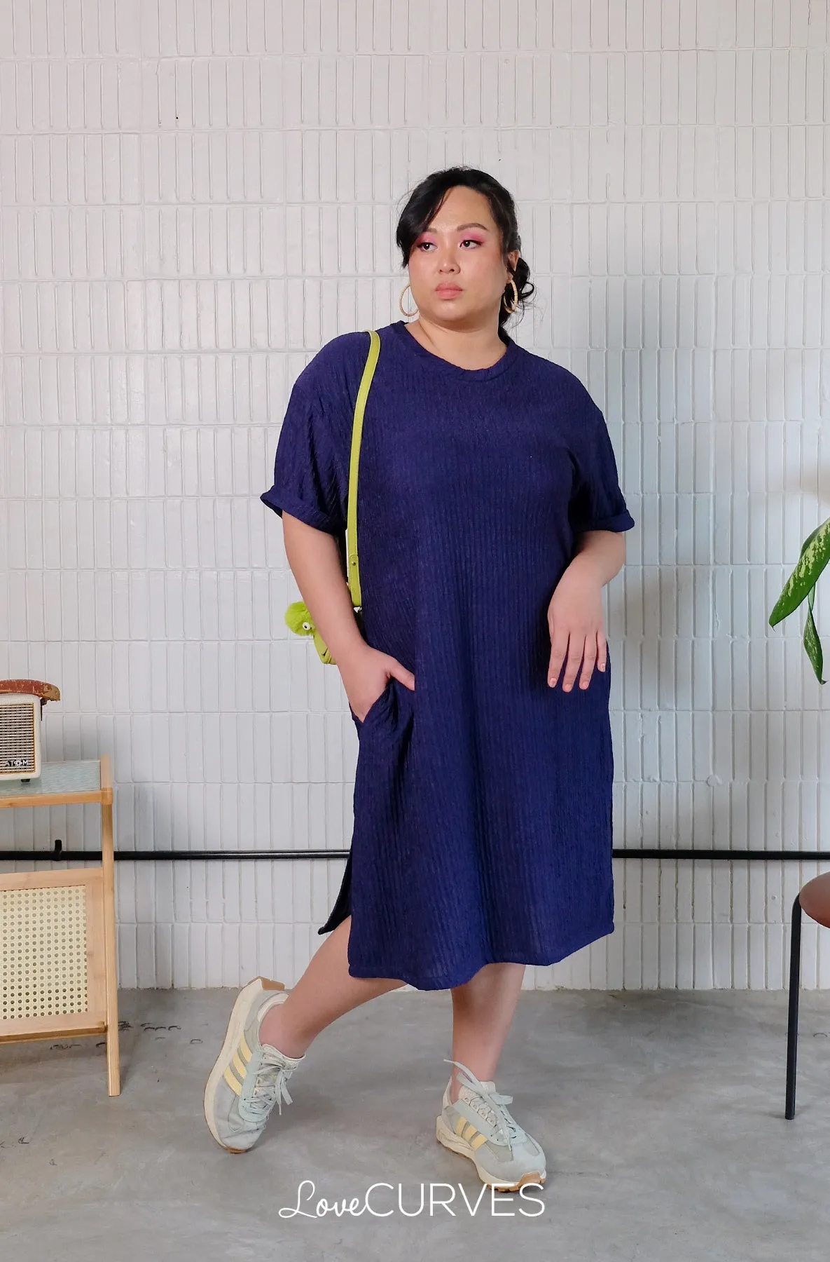 T-Shirt Dress with Side Slits - Navy Blue