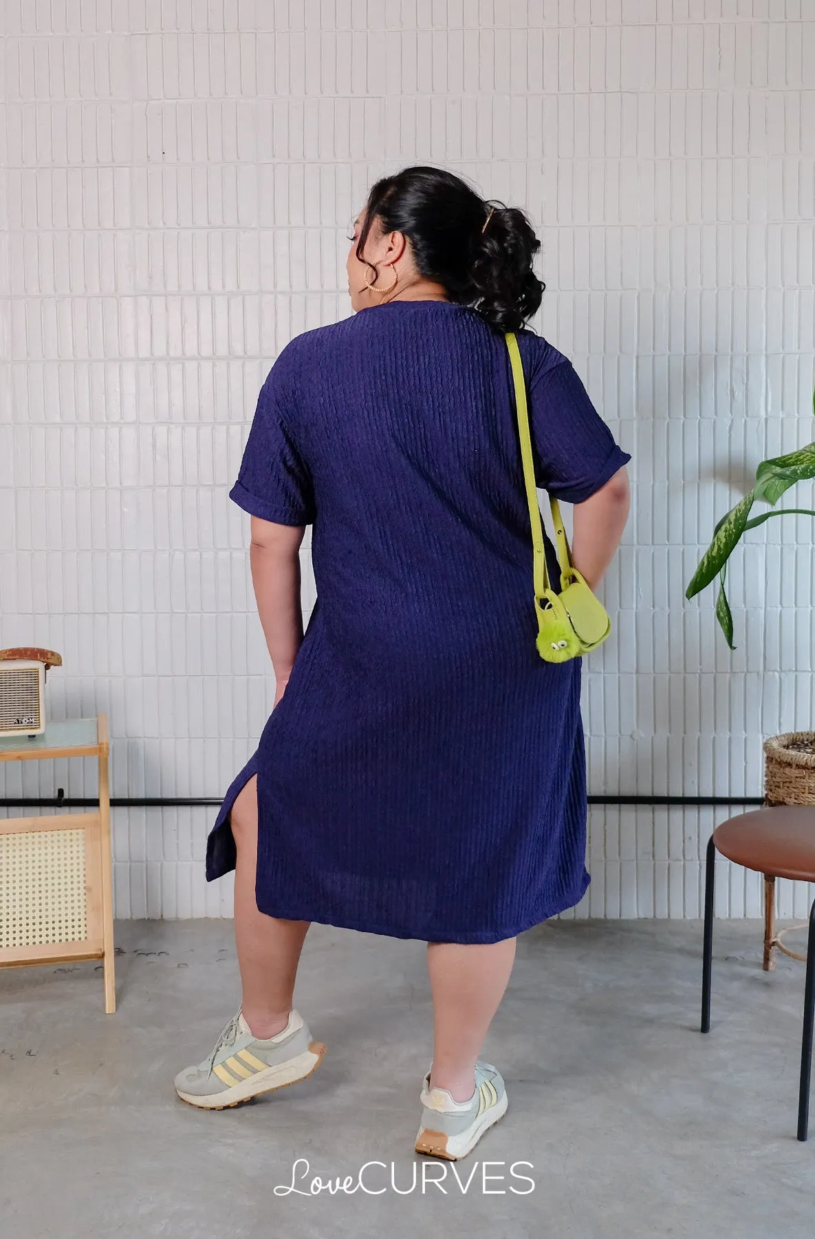 T-Shirt Dress with Side Slits - Navy Blue