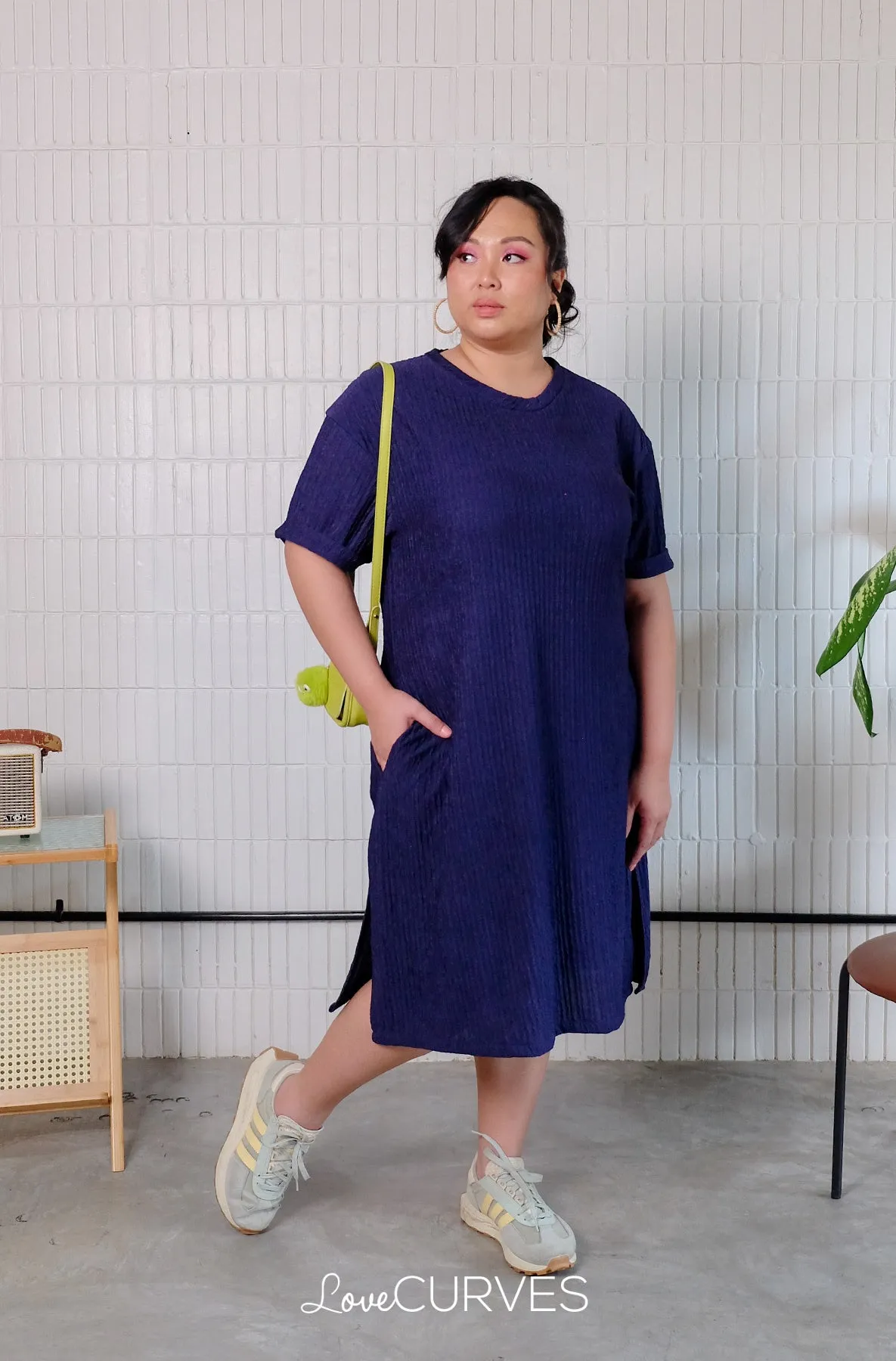 T-Shirt Dress with Side Slits - Navy Blue