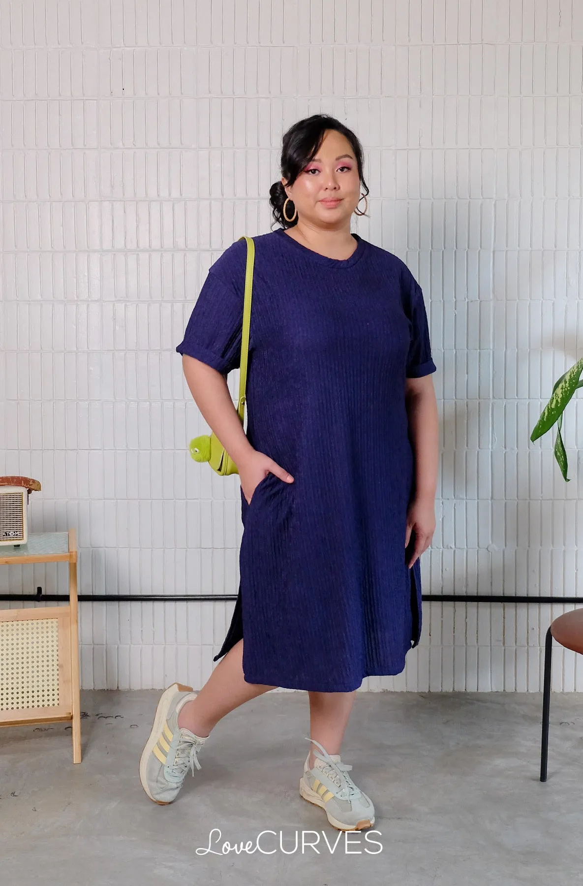 T-Shirt Dress with Side Slits - Navy Blue