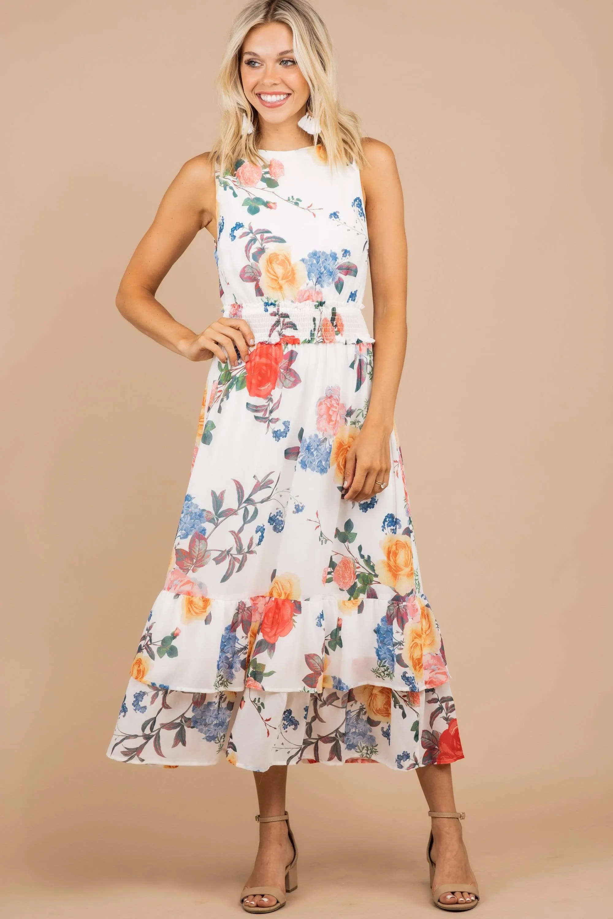 Tell Your Fiends Ivory White Floral Midi Dress