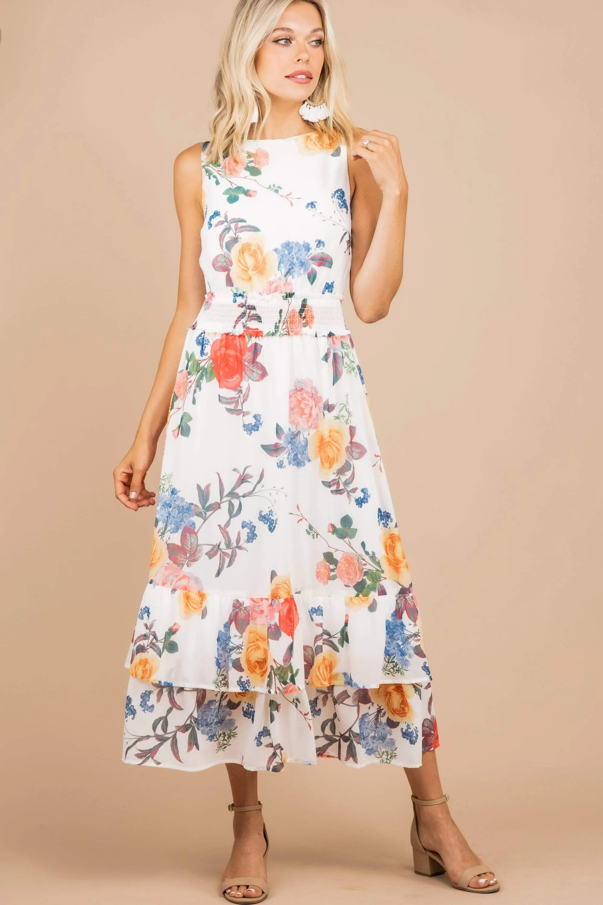 Tell Your Fiends Ivory White Floral Midi Dress