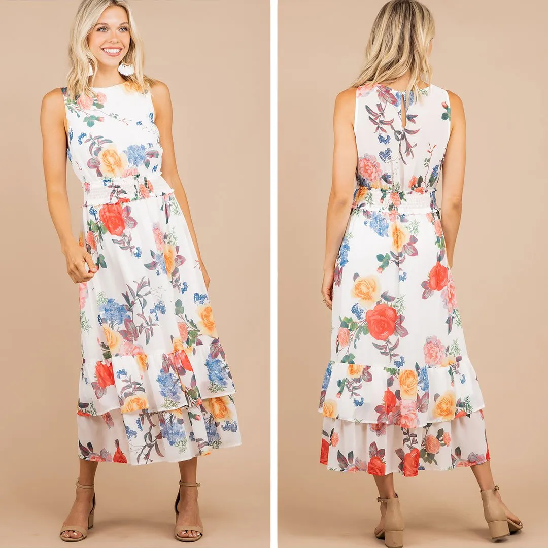 Tell Your Fiends Ivory White Floral Midi Dress