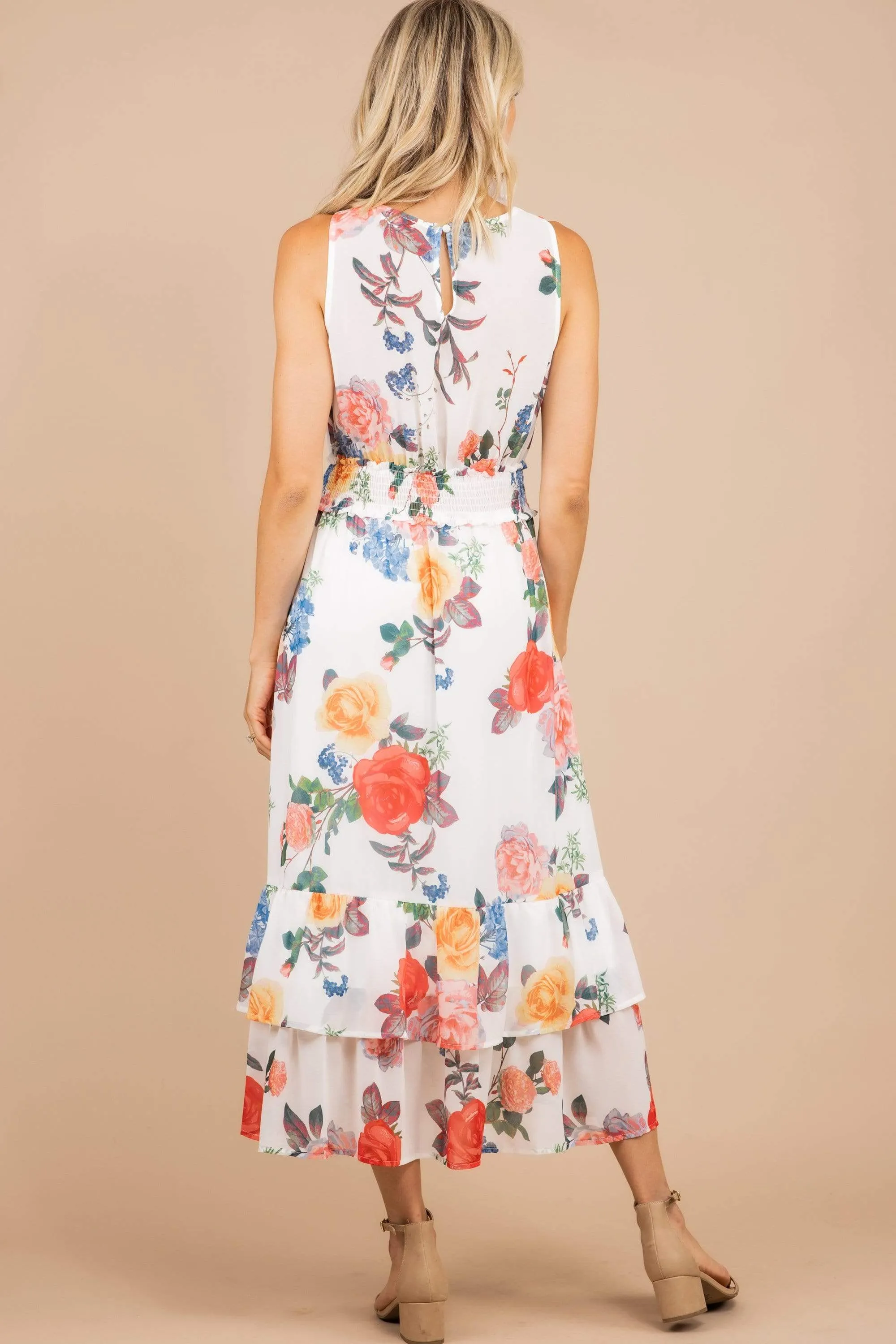 Tell Your Fiends Ivory White Floral Midi Dress