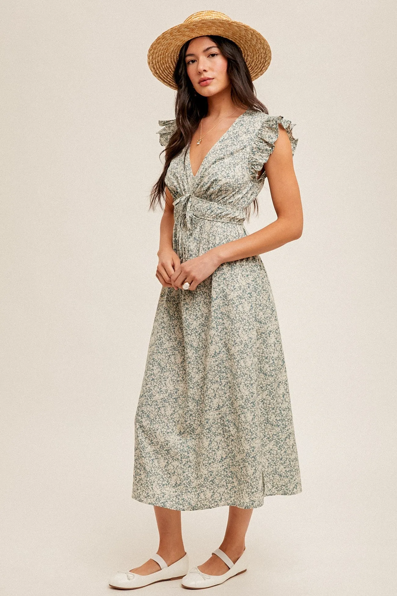 The Arnetta Floral Dress in Dusty Blue