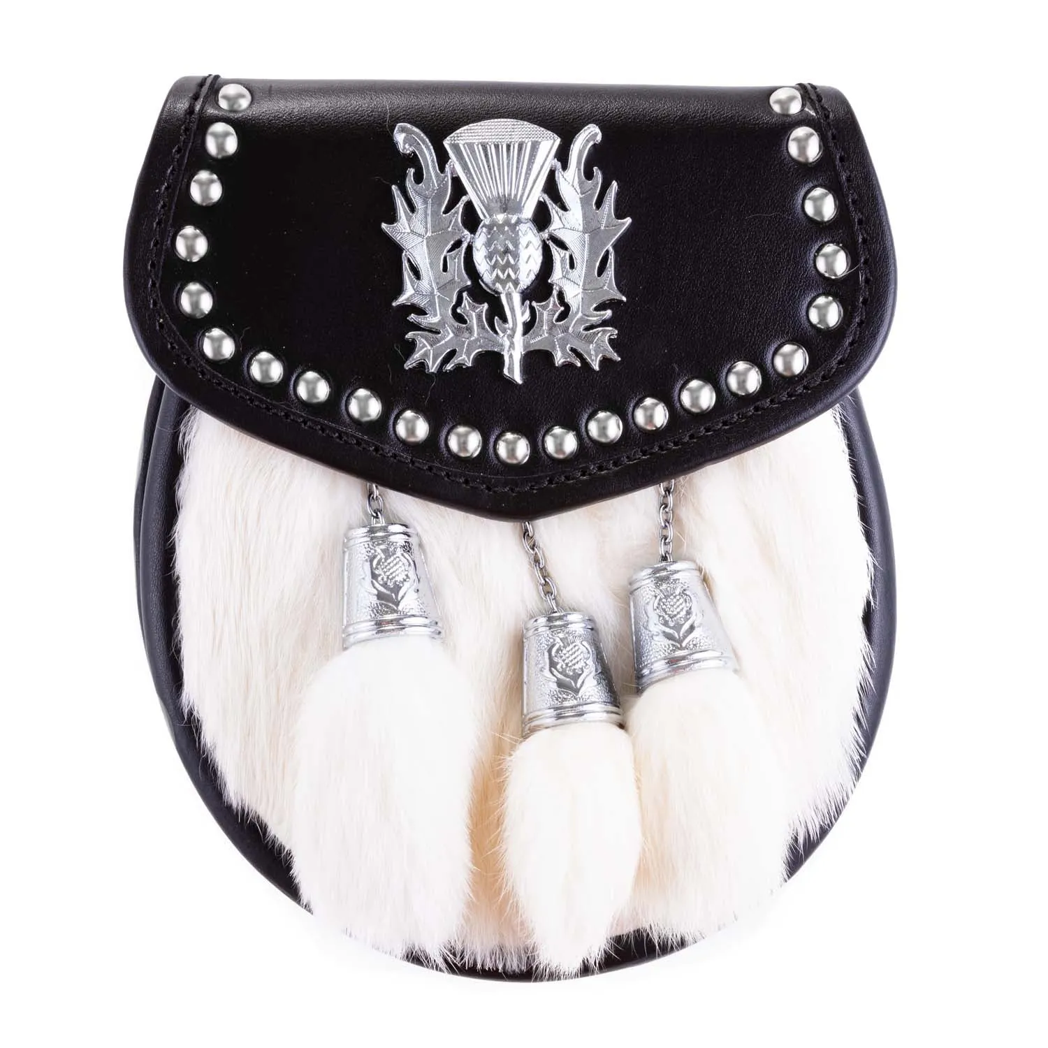 Thistle Embossed Studs Half Dress Sporran Rabbit Fur