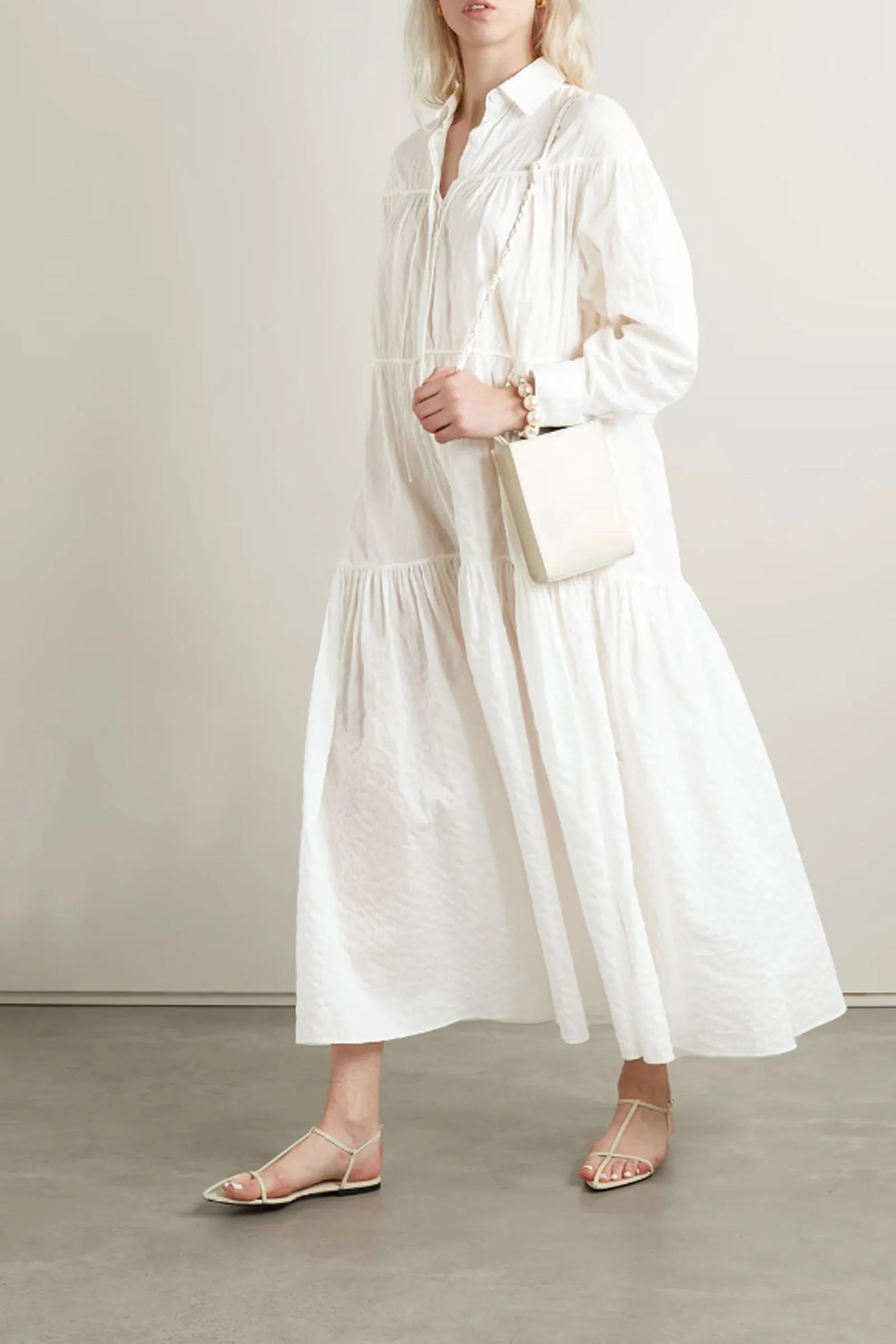 Tiered Embroidered Crinkled Cotton-Voile Maxi Shirt Dress