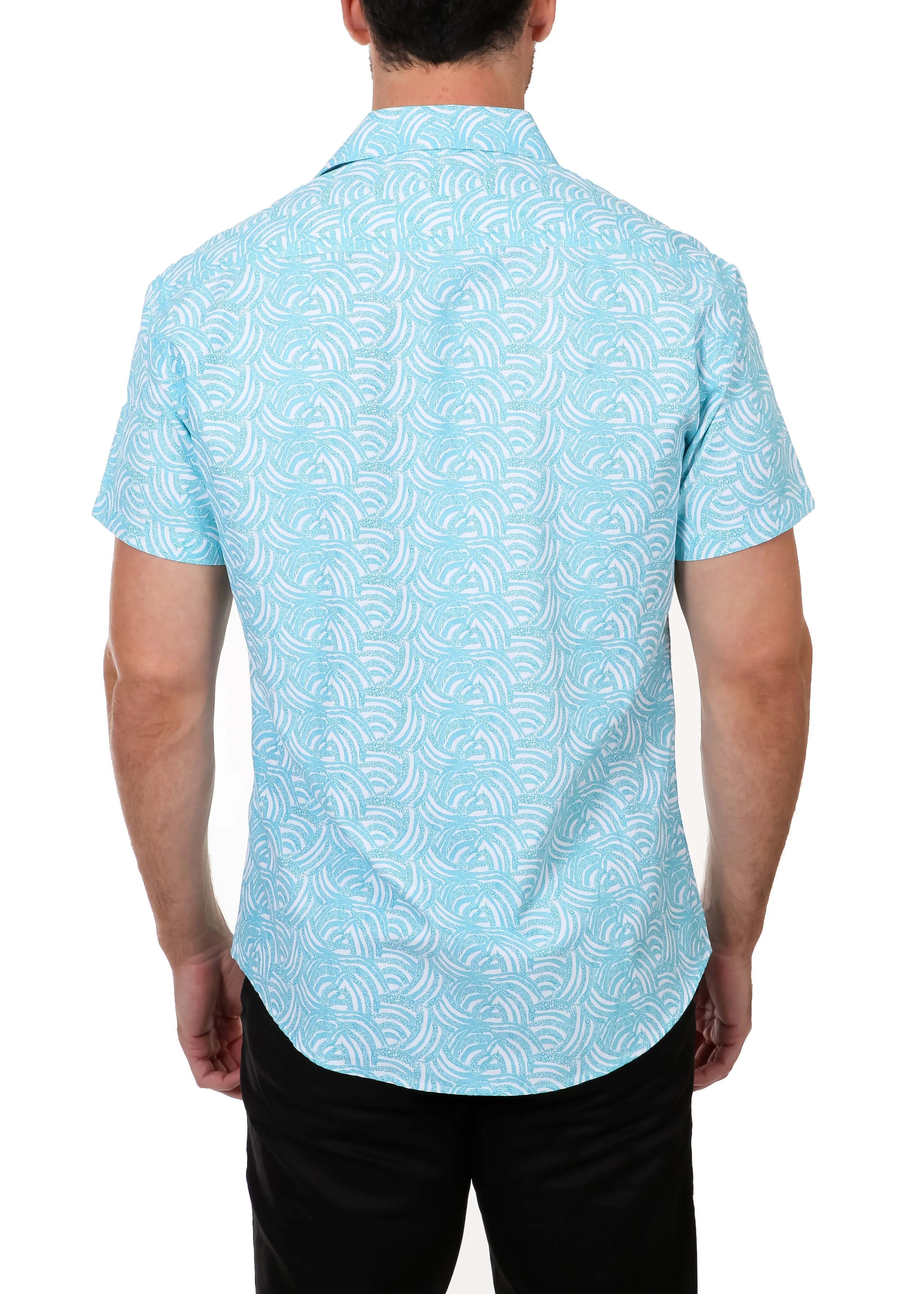 Turquoise Wavy Short Sleeve Dress Shirt