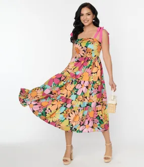 Unique Vintage Pink Floral Tiered Midi Dress