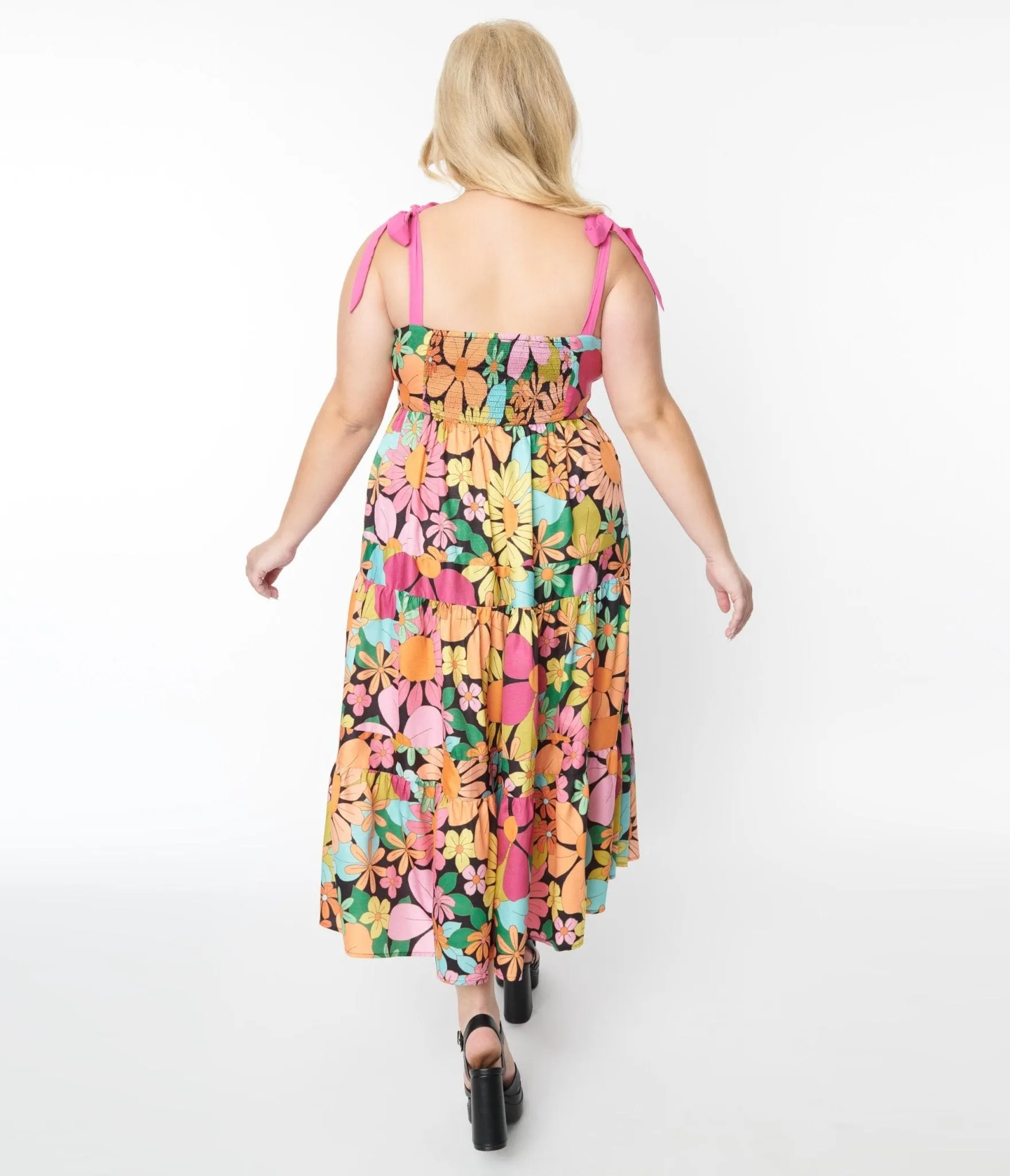 Unique Vintage Pink Floral Tiered Midi Dress