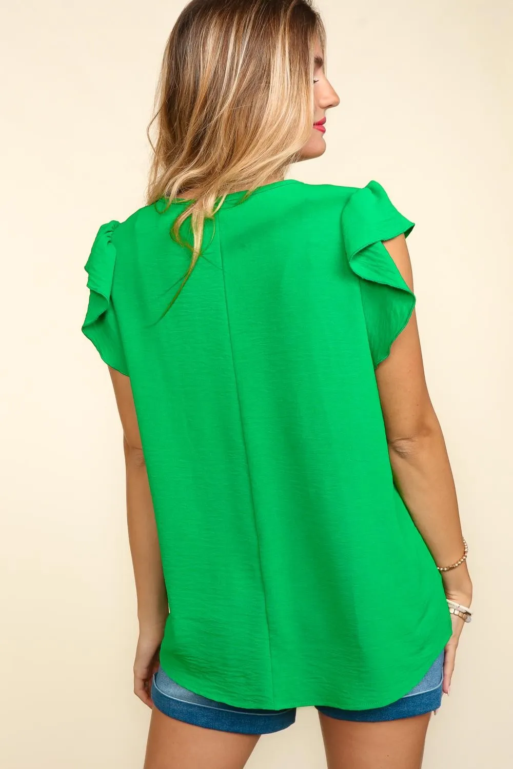 V-Neck Band Ruffle Sleeve Blouse - Kelly Green