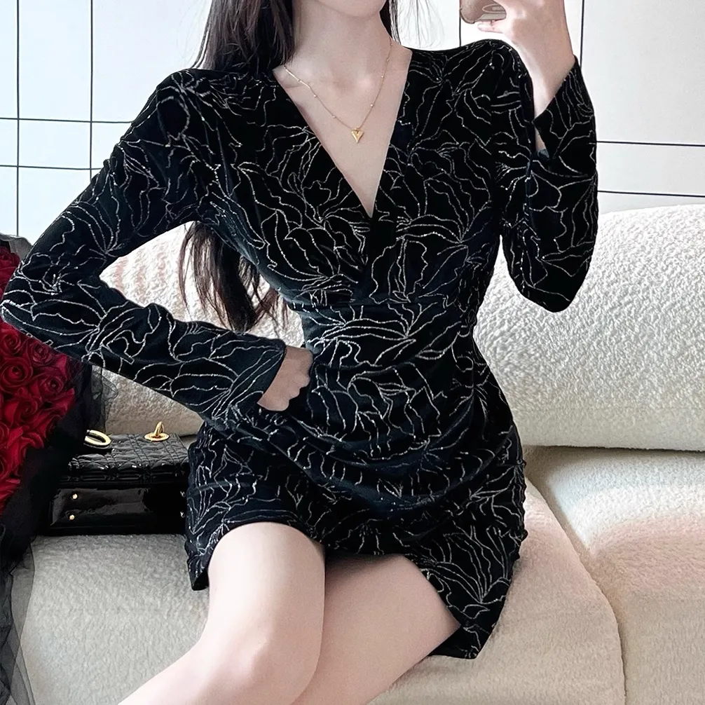 Velvet Irregular V-Neck Black Bodycon Dress