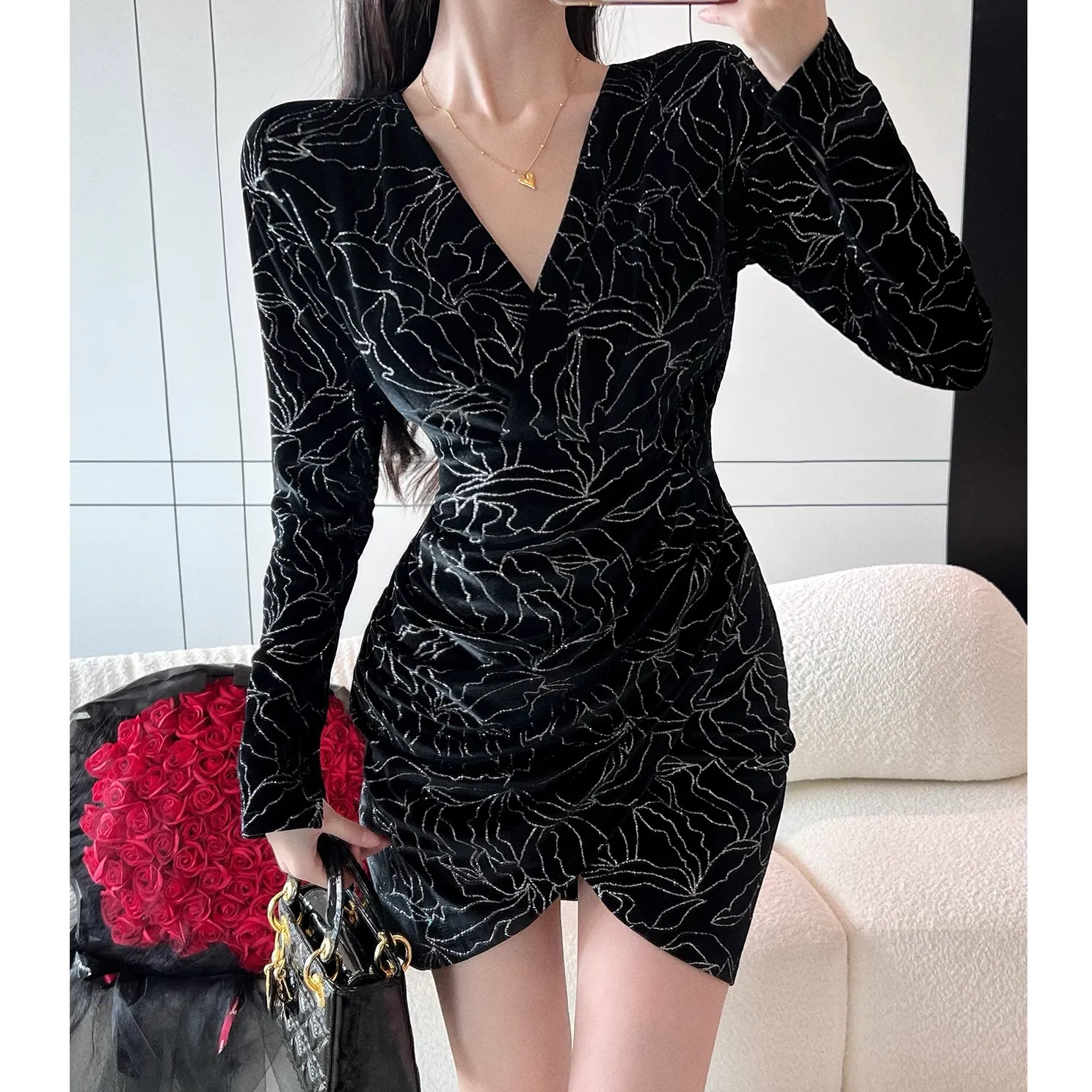 Velvet Irregular V-Neck Black Bodycon Dress