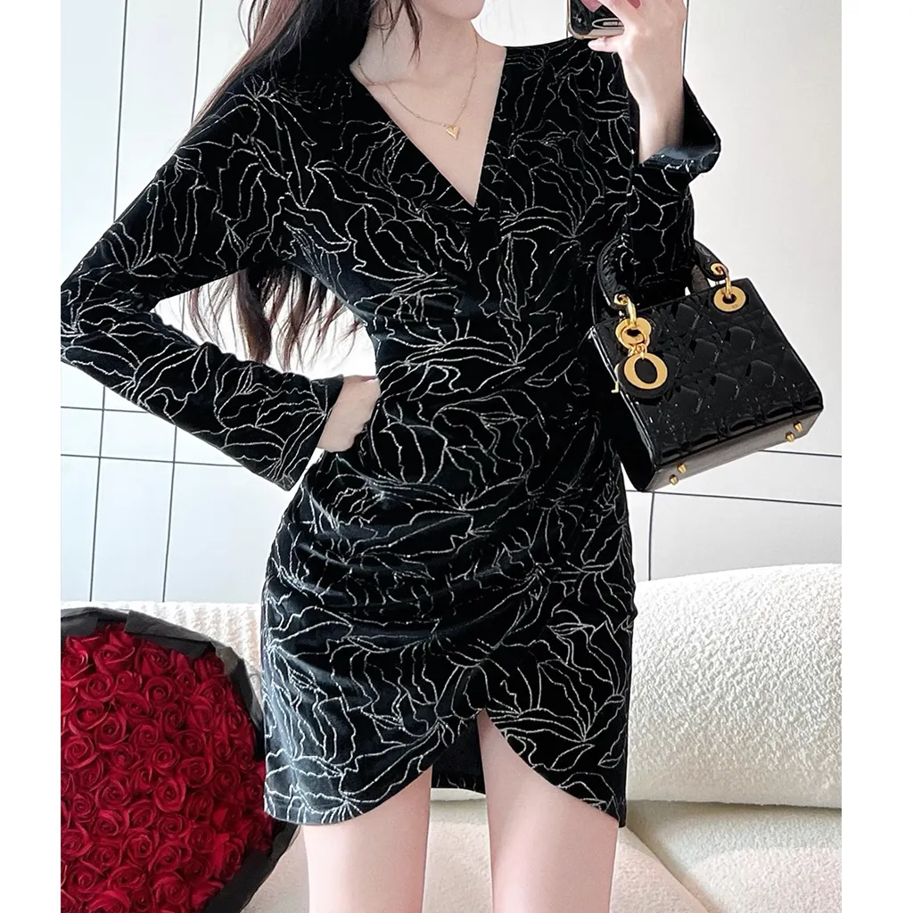 Velvet Irregular V-Neck Black Bodycon Dress