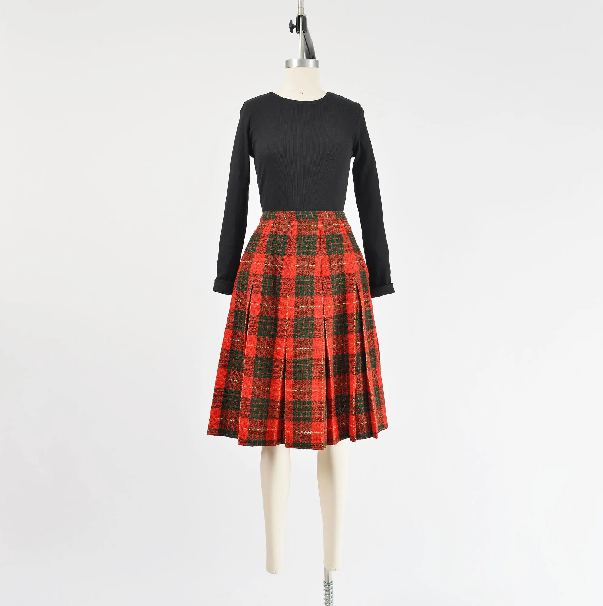 Vintage 50s Red and Green Plaid Wool Pleated Skirt size S