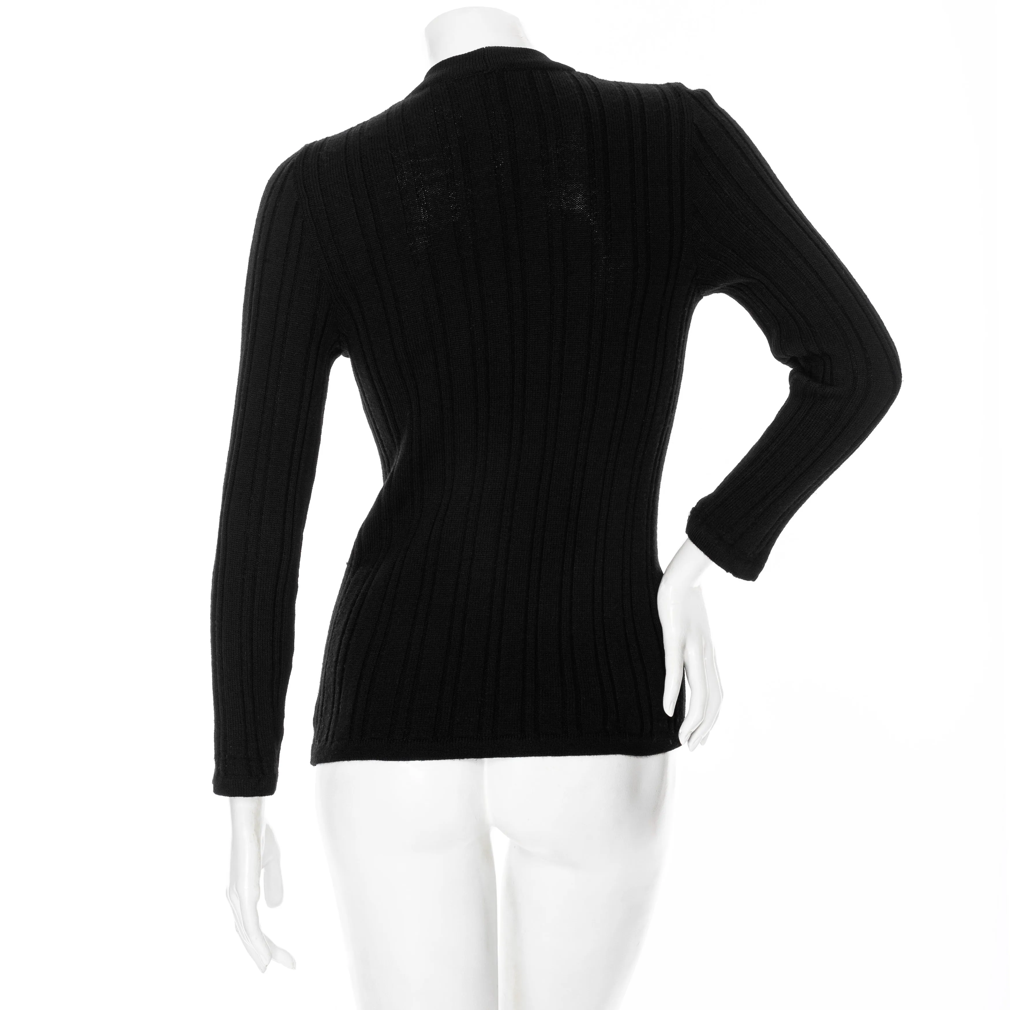 Vintage Black Wool Ribbed Knit Triomphe Cardigan