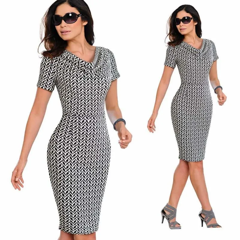 Vintage Leopard Party Office Dress Short Sleeve Pencil Midi Dress