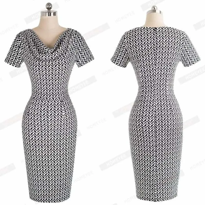 Vintage Leopard Party Office Dress Short Sleeve Pencil Midi Dress