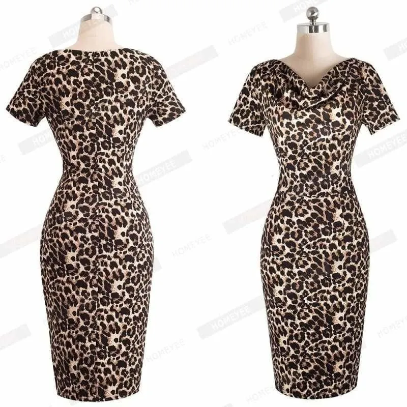 Vintage Leopard Party Office Dress Short Sleeve Pencil Midi Dress