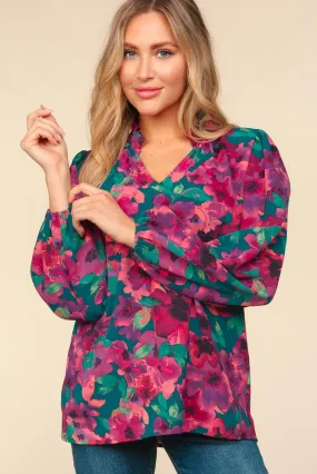 Watercolor Floral Bubble Sleeve Top