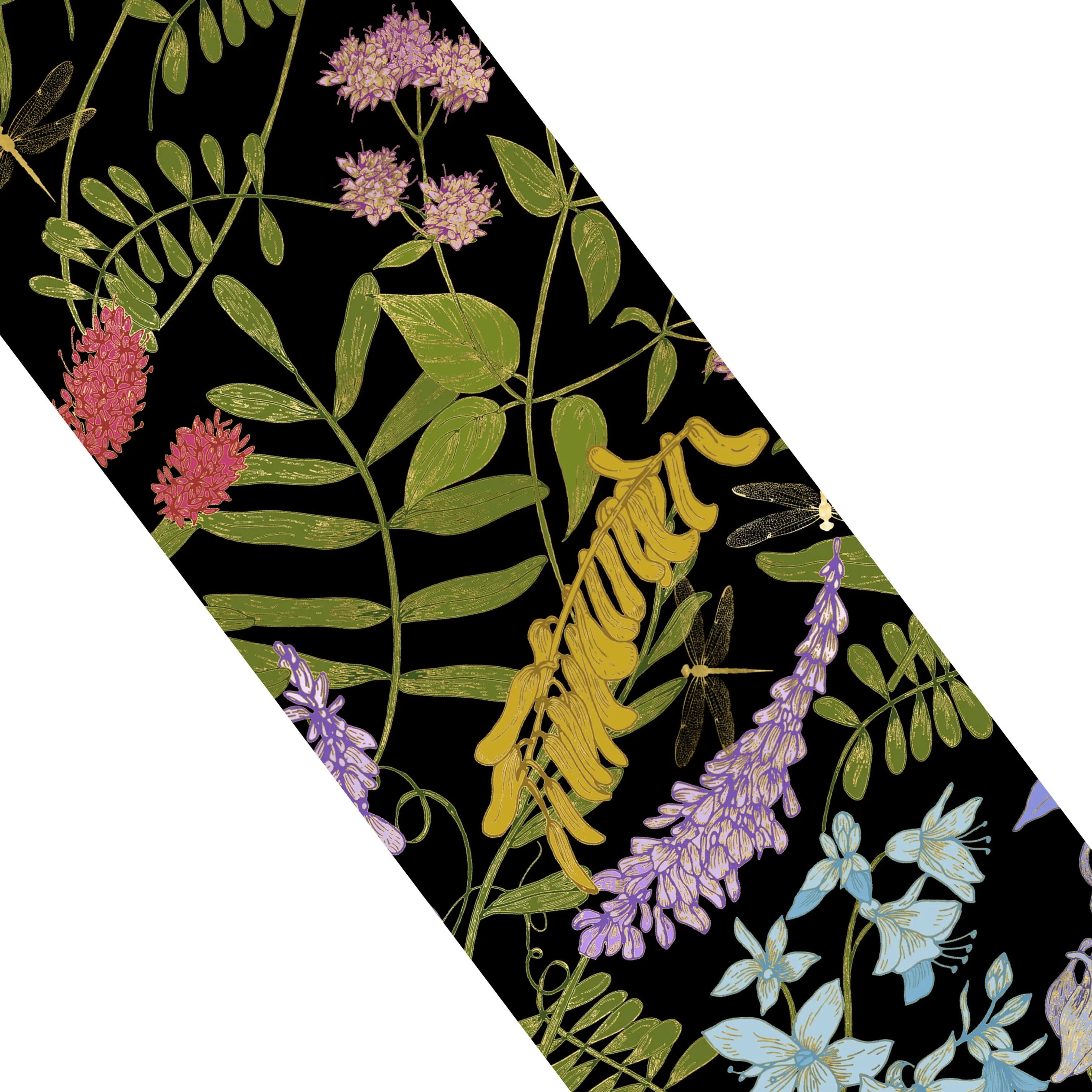 Wildflower garden with dragonflies skinny scarf on black