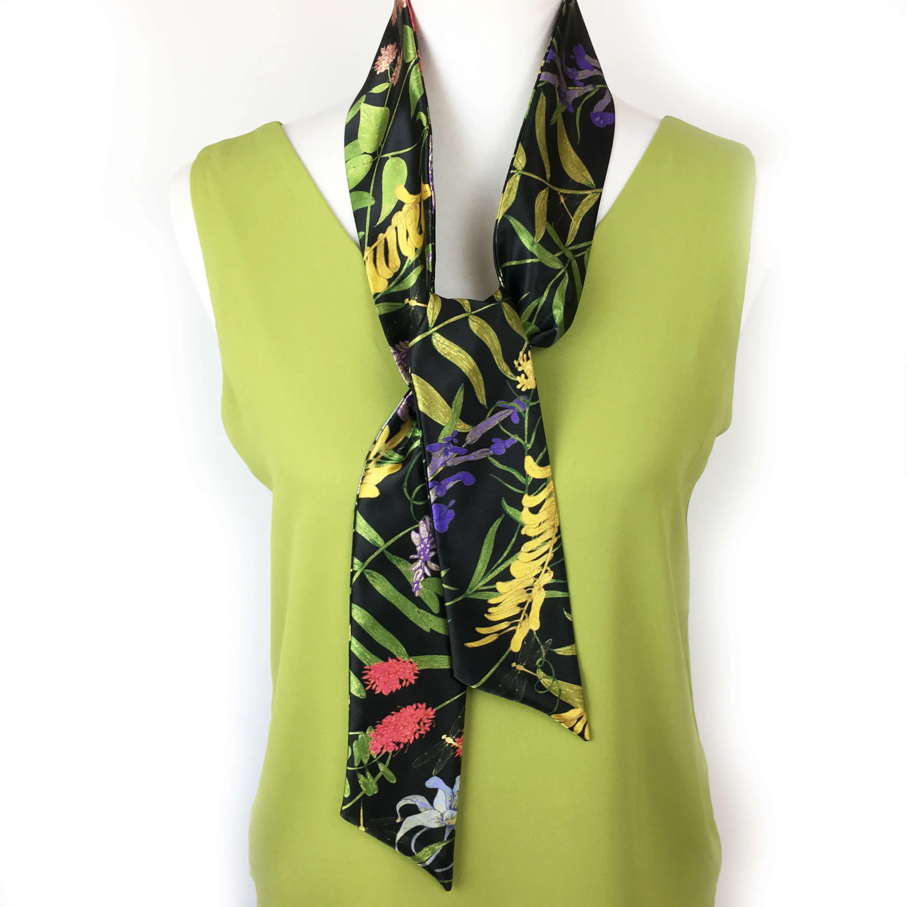 Wildflower garden with dragonflies skinny scarf on black