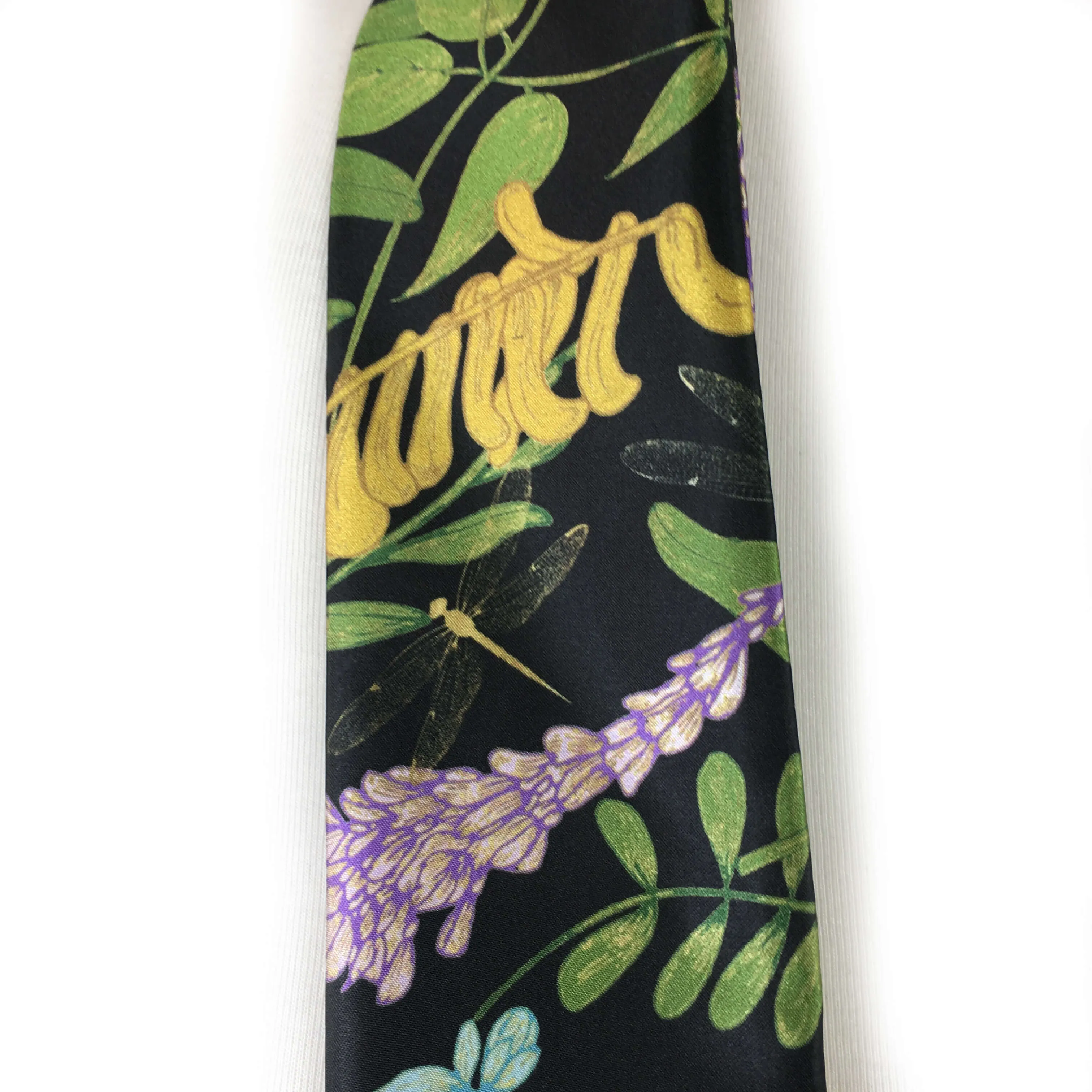 Wildflower garden with dragonflies skinny scarf on black