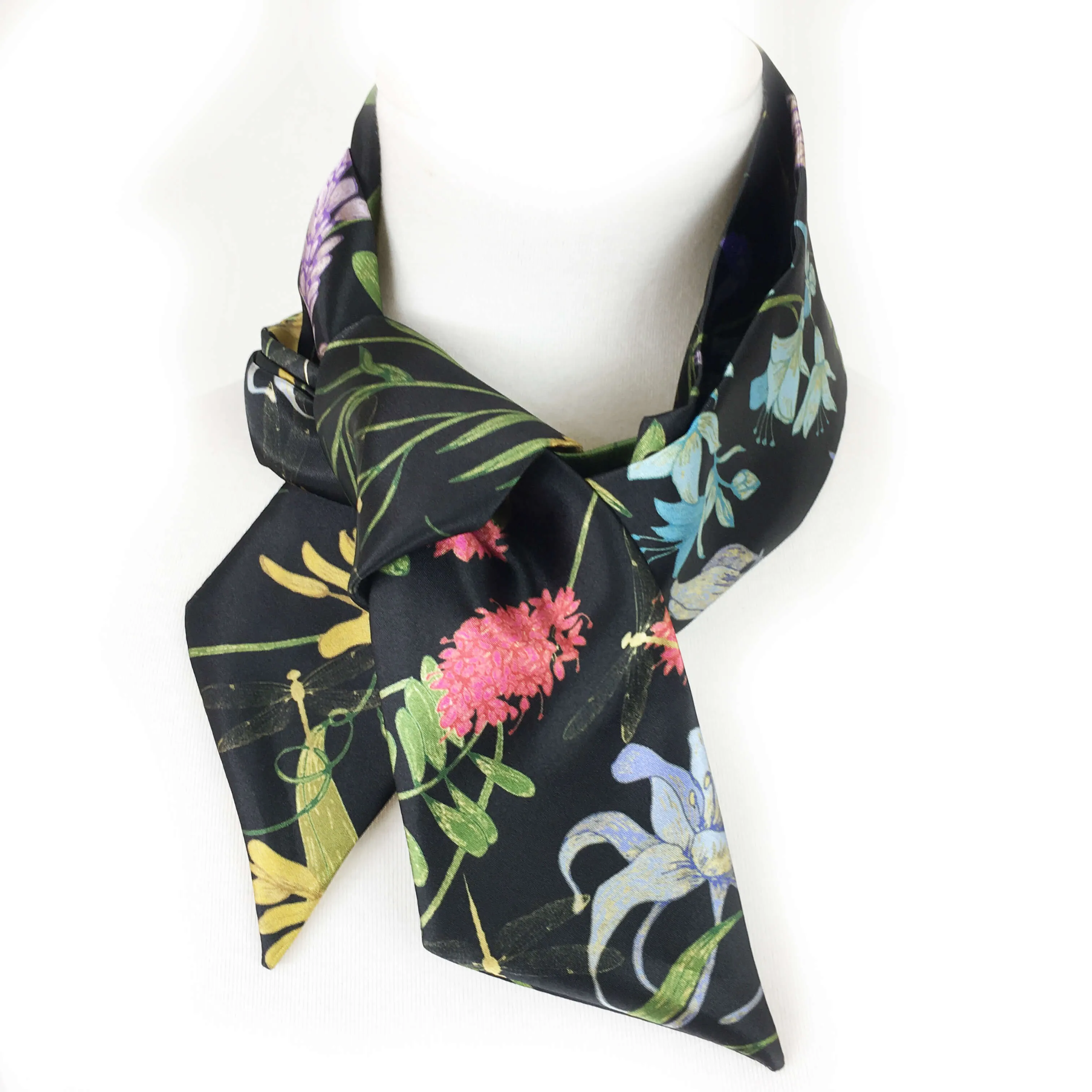 Wildflower garden with dragonflies skinny scarf on black