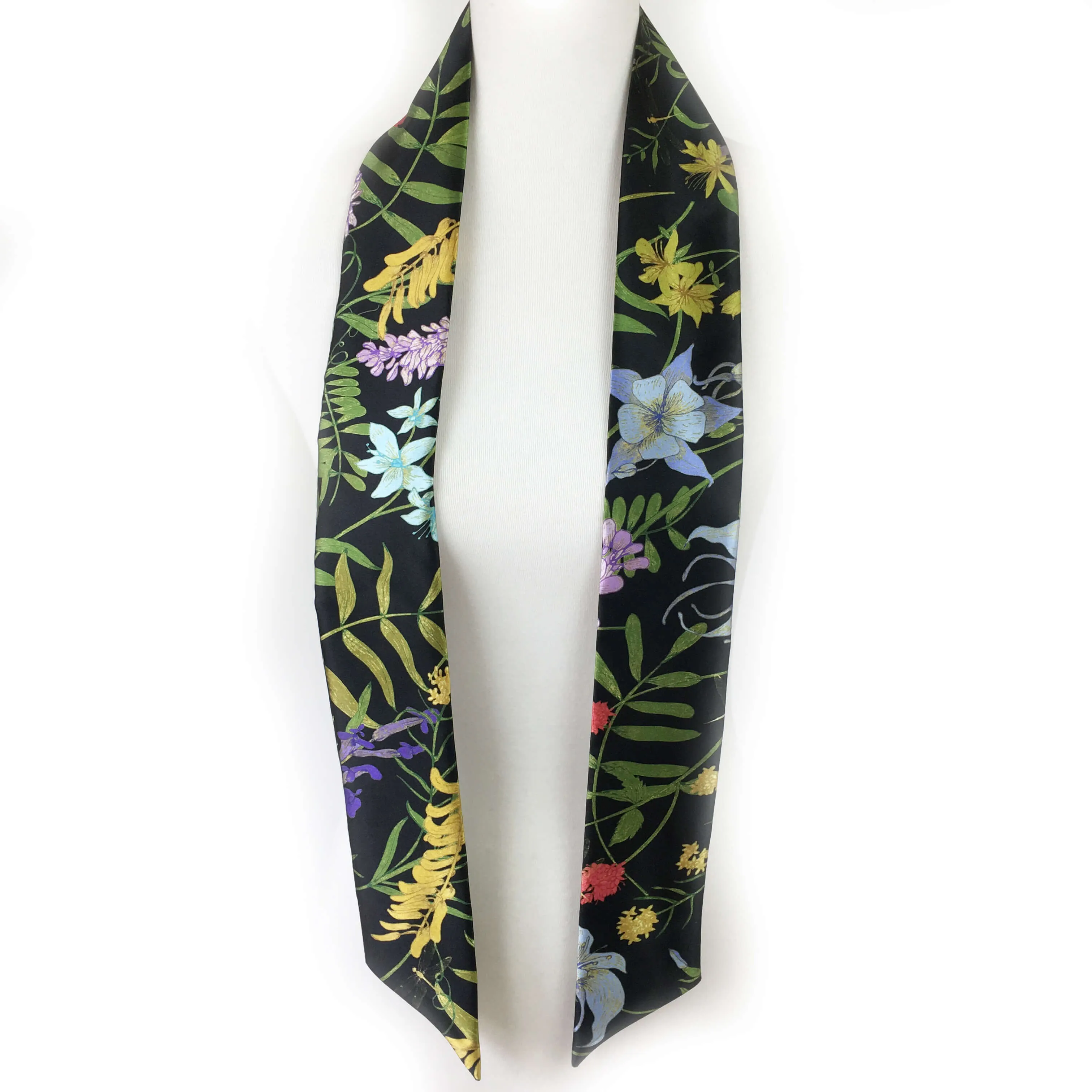 Wildflower garden with dragonflies skinny scarf on black