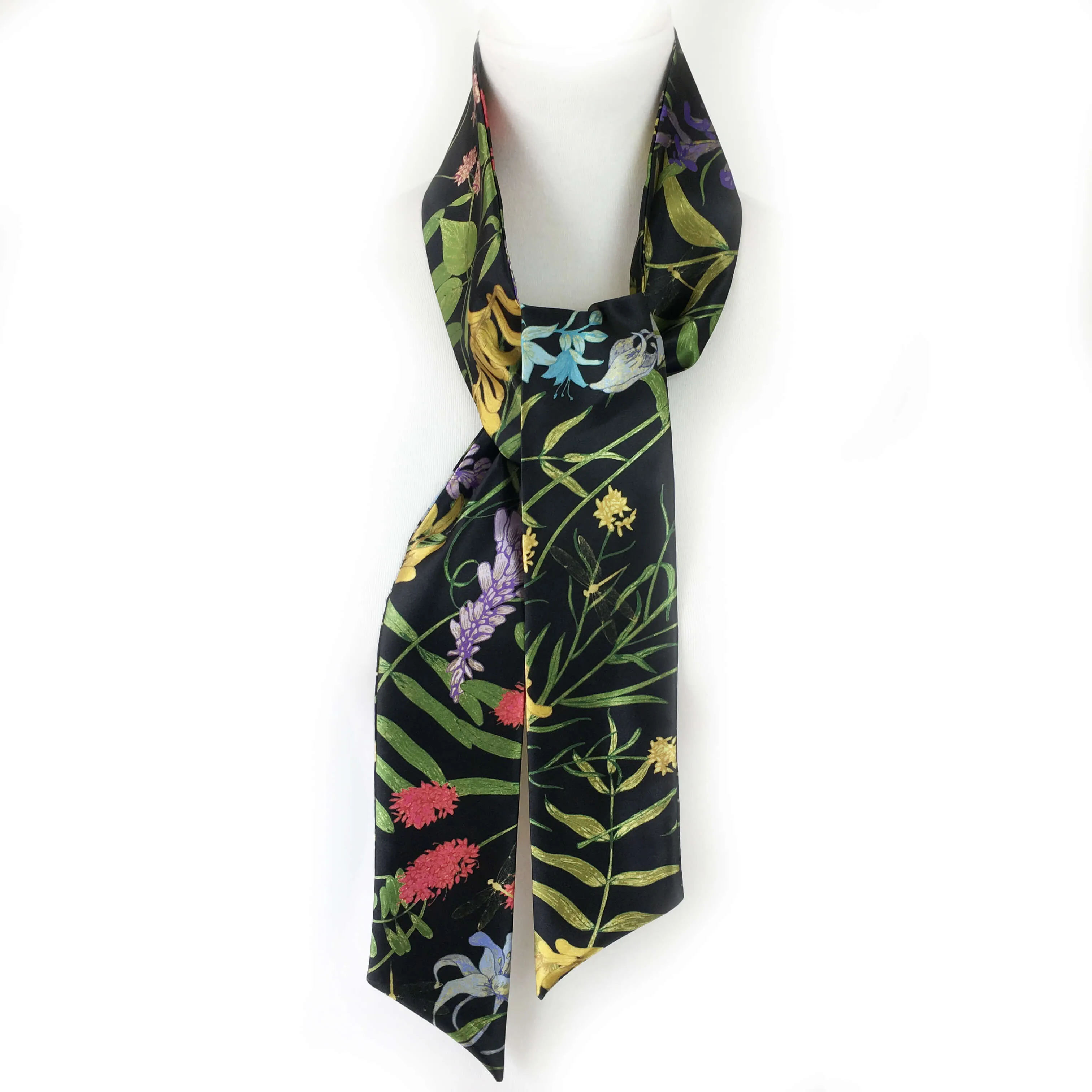 Wildflower garden with dragonflies skinny scarf on black