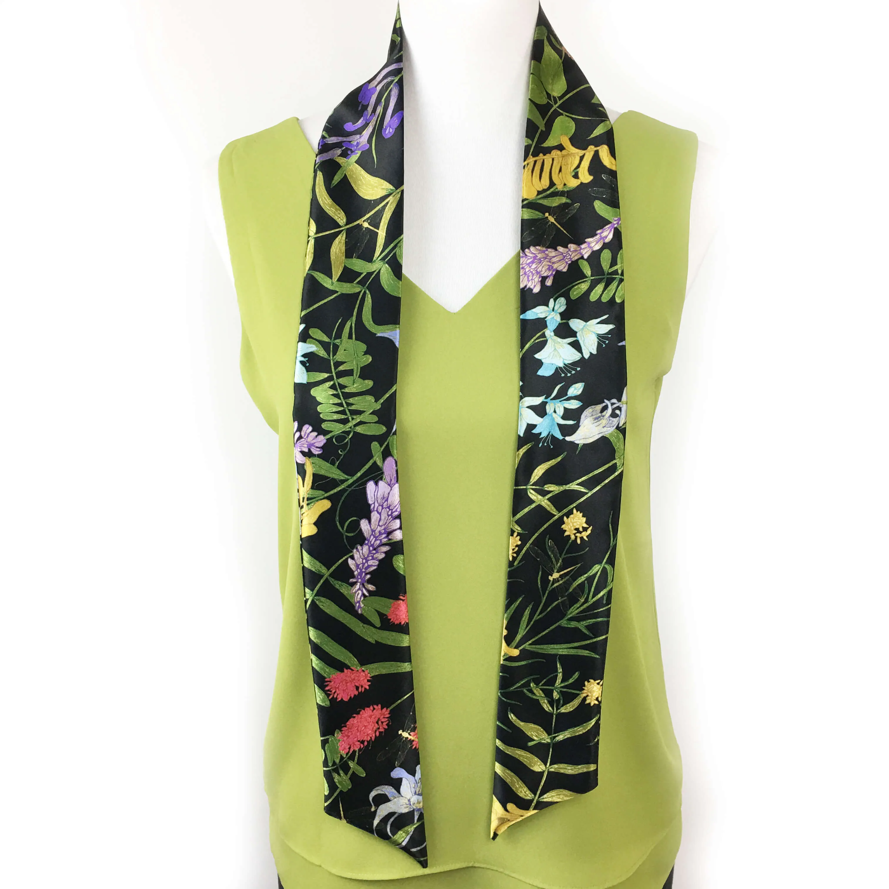 Wildflower garden with dragonflies skinny scarf on black