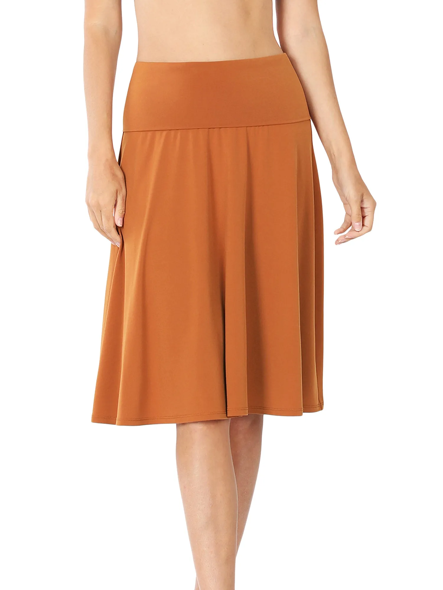 Women Fold Over Banded Waist A-Line Flared Knee Length Midi Skirt