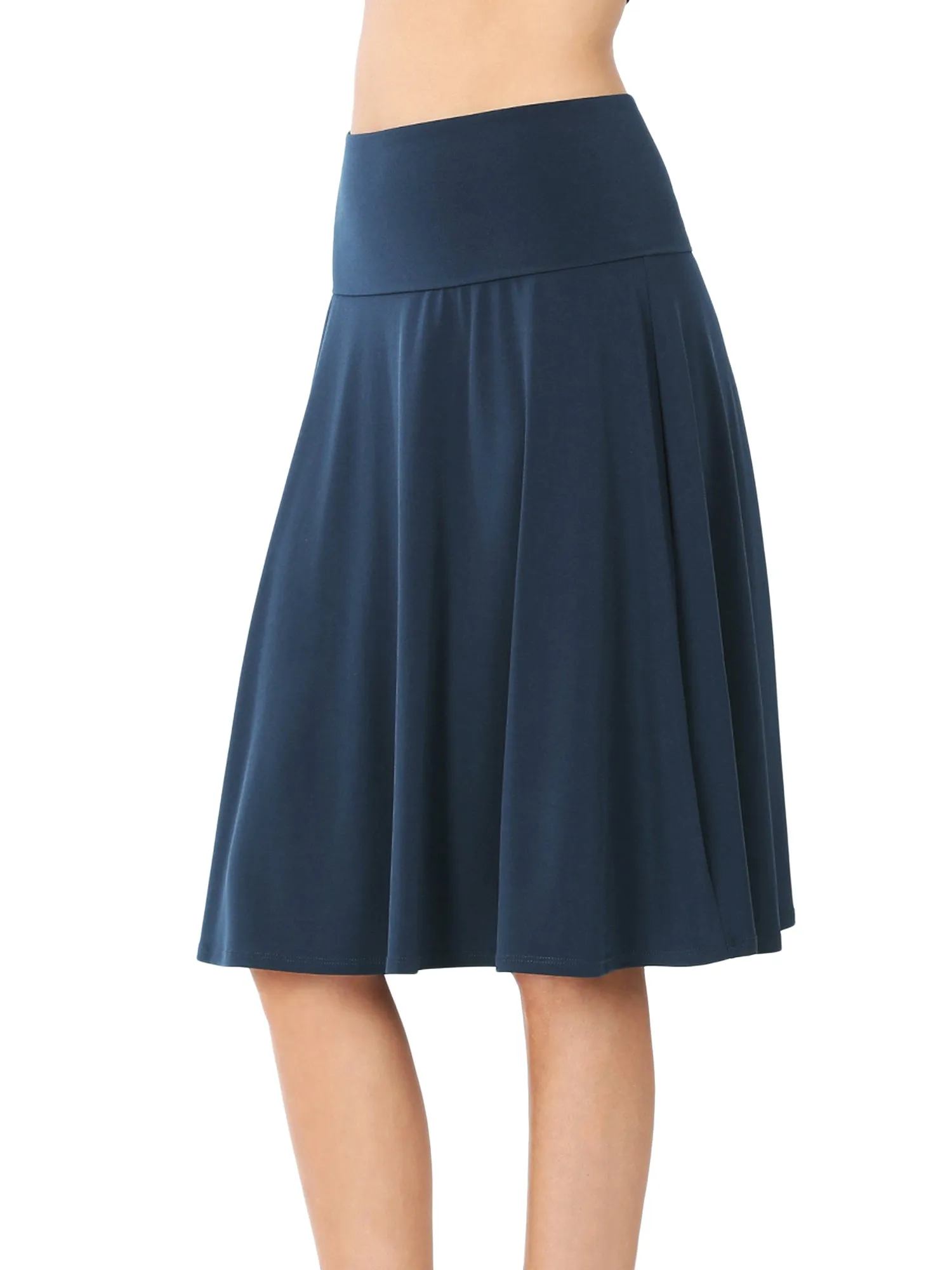 Women Fold Over Banded Waist A-Line Flared Knee Length Midi Skirt