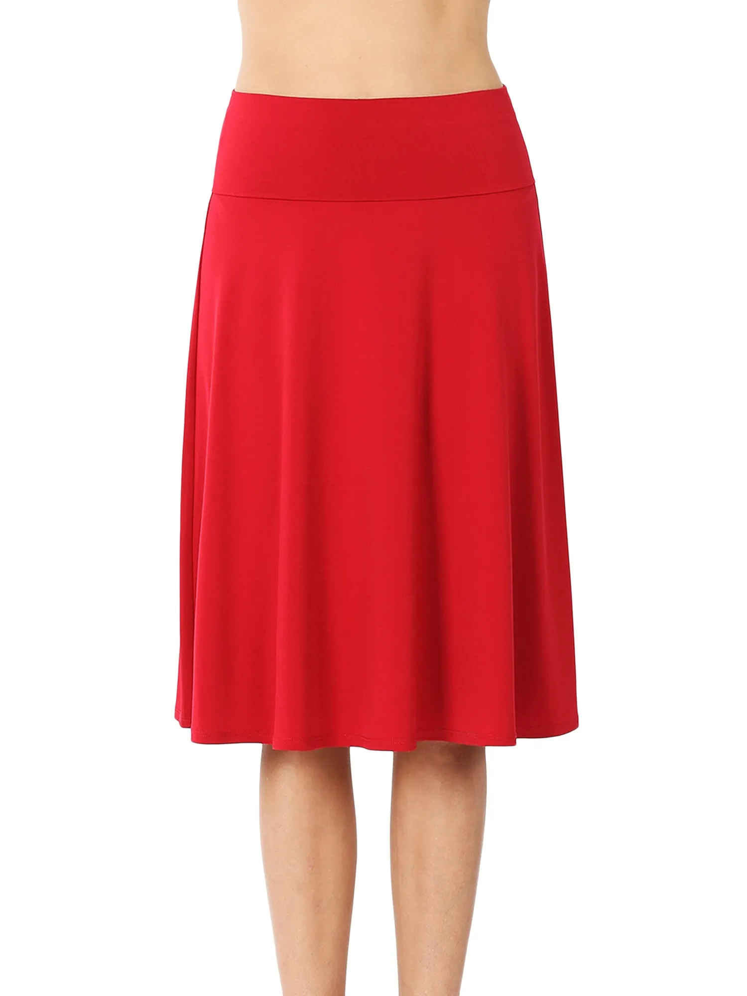 Women Fold Over Banded Waist A-Line Flared Knee Length Midi Skirt