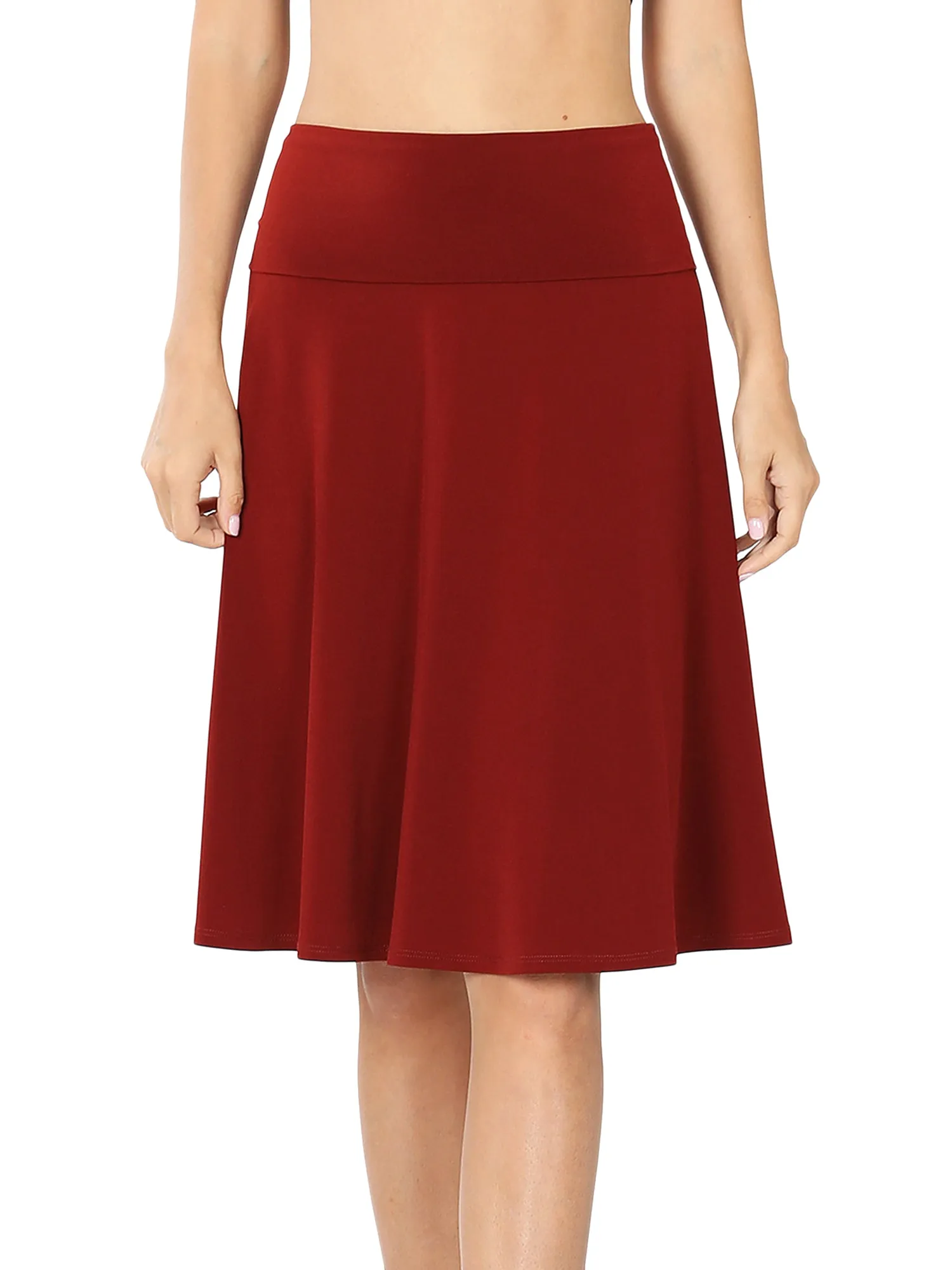 Women Fold Over Banded Waist A-Line Flared Knee Length Midi Skirt