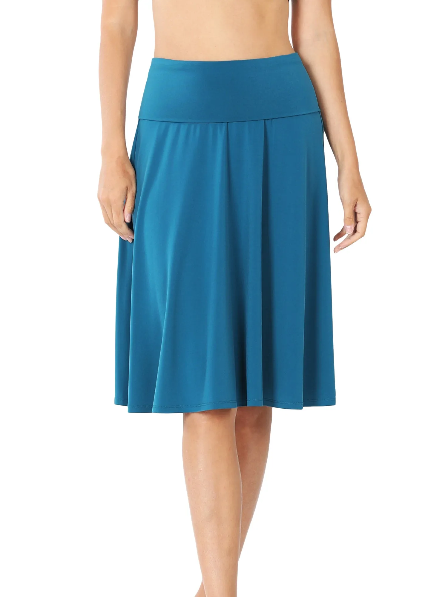 Women Fold Over Banded Waist A-Line Flared Knee Length Midi Skirt