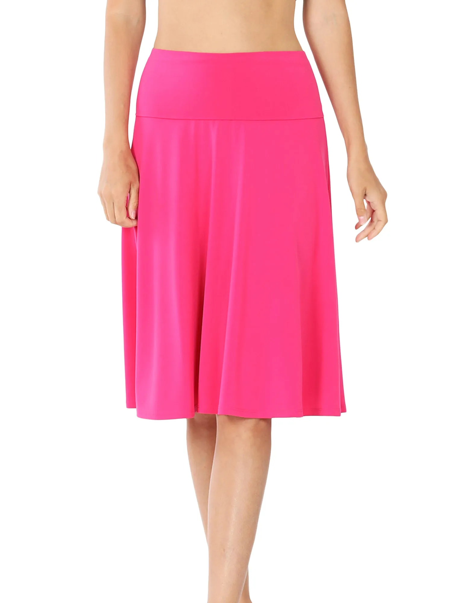 Women Fold Over Banded Waist A-Line Flared Knee Length Midi Skirt