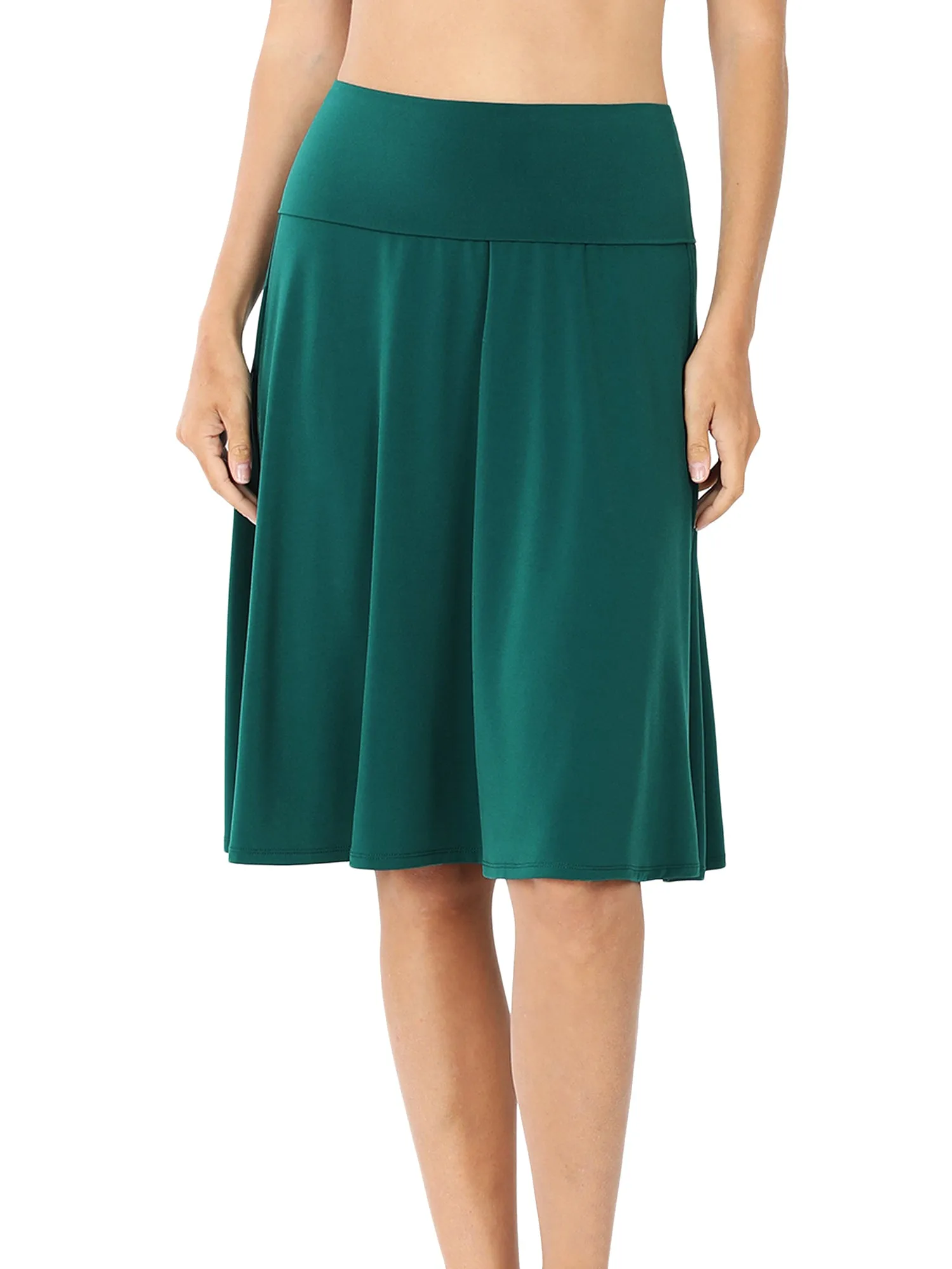 Women Fold Over Banded Waist A-Line Flared Knee Length Midi Skirt