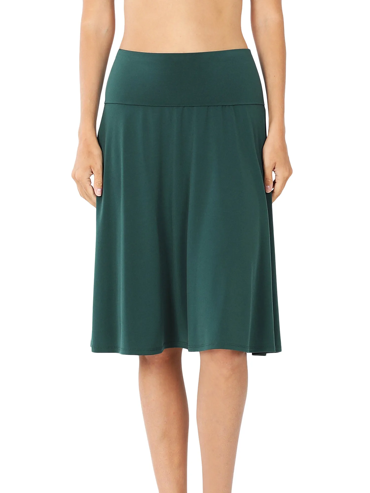 Women Fold Over Banded Waist A-Line Flared Knee Length Midi Skirt