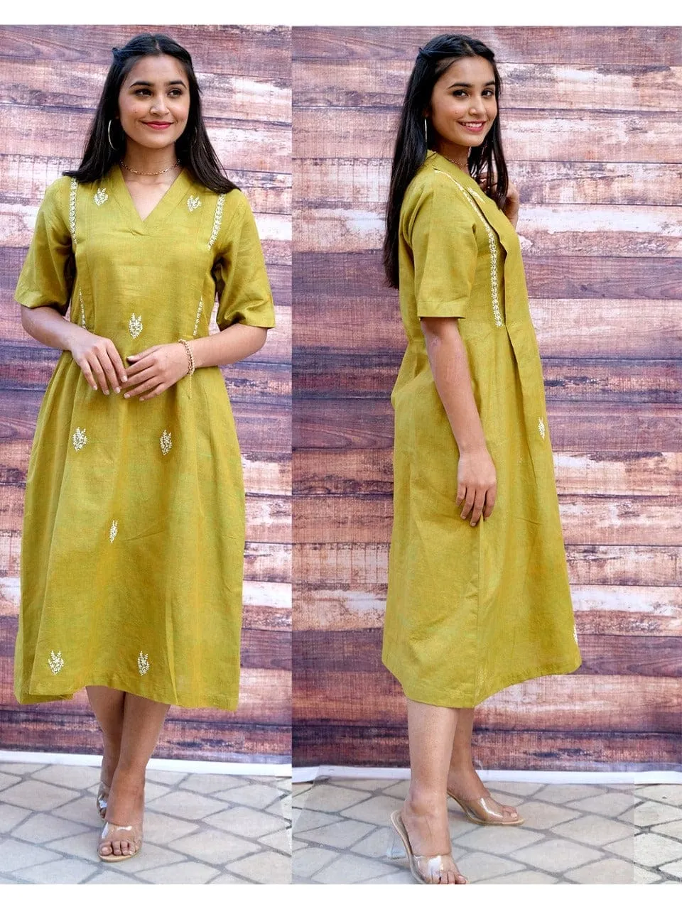 Women Green Chikankari Cotton Dress