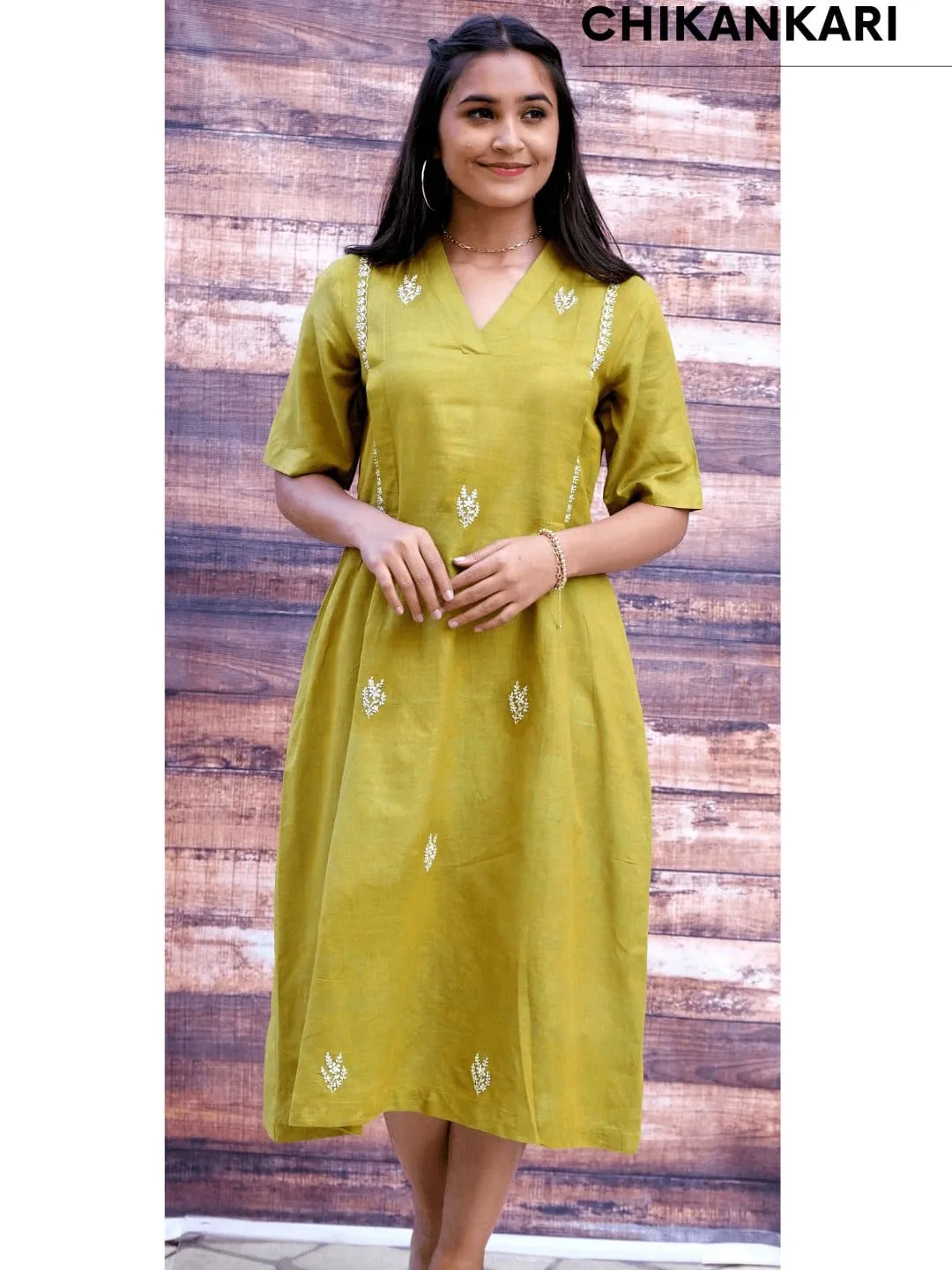 Women Green Chikankari Cotton Dress