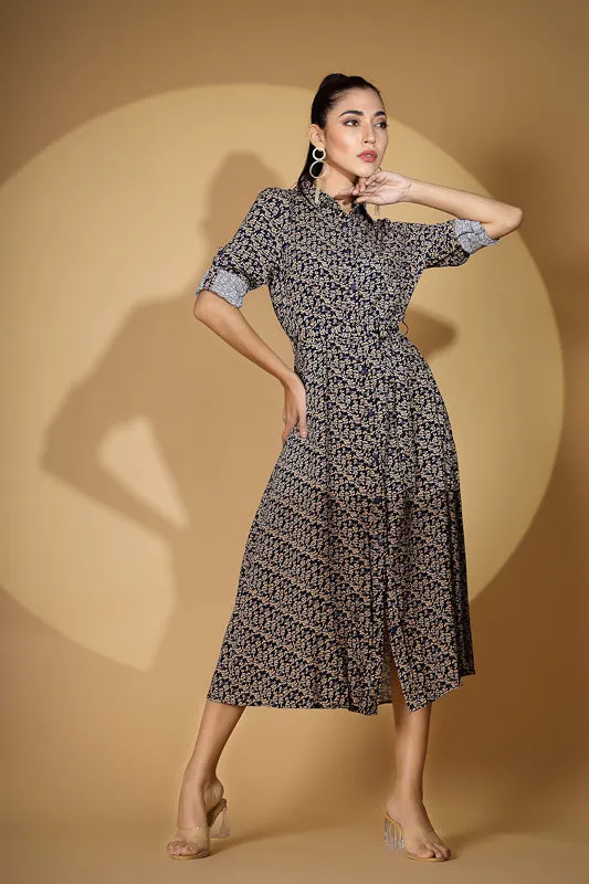 Women Navy Blue Collar Neck Printed Shirt Dress